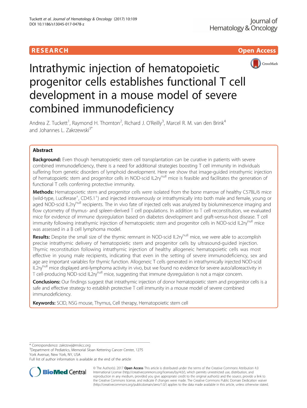 Intrathymic Injection of Hematopoietic Progenitor Cells Establishes Functional T Cell Development in a Mouse Model of Severe Combined Immunodeficiency Andrea Z