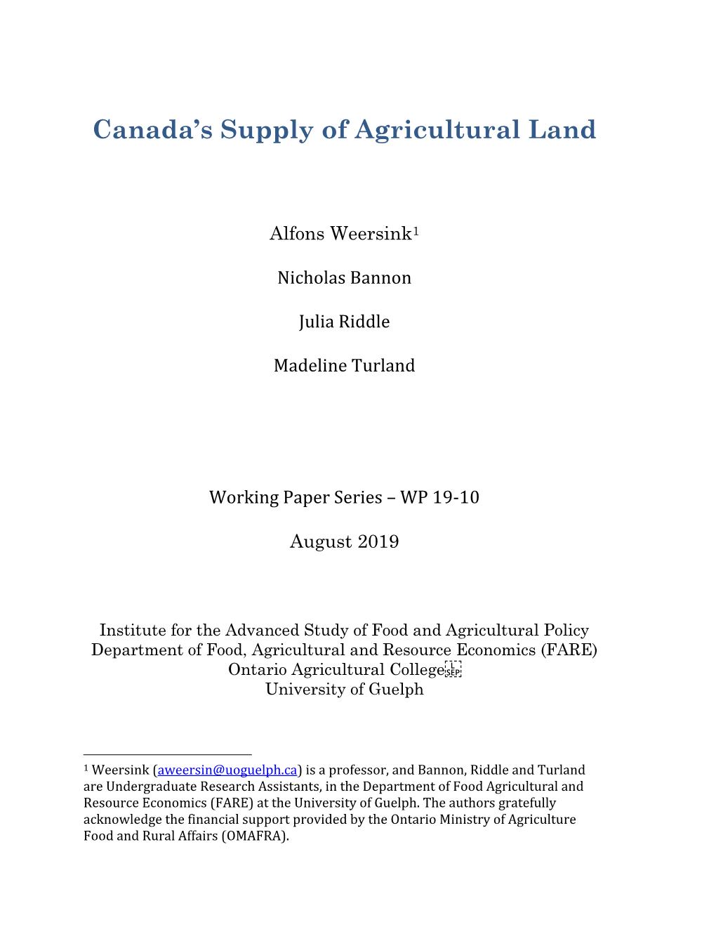 Canada's Supply of Agricultural Land
