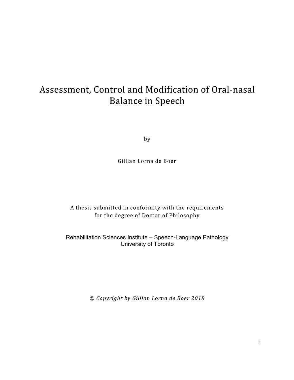 Sessment, Control and Modification of Oral-Nasal Balance in Speechthesis