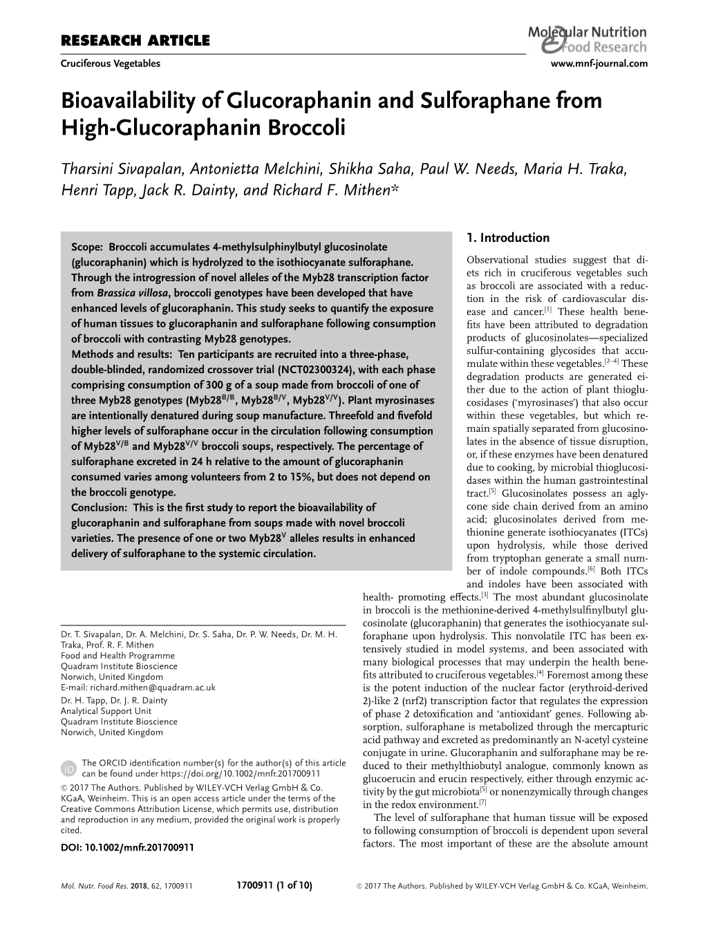 Bioavailability of Glucoraphanin and Sulforaphane from High&#X02010