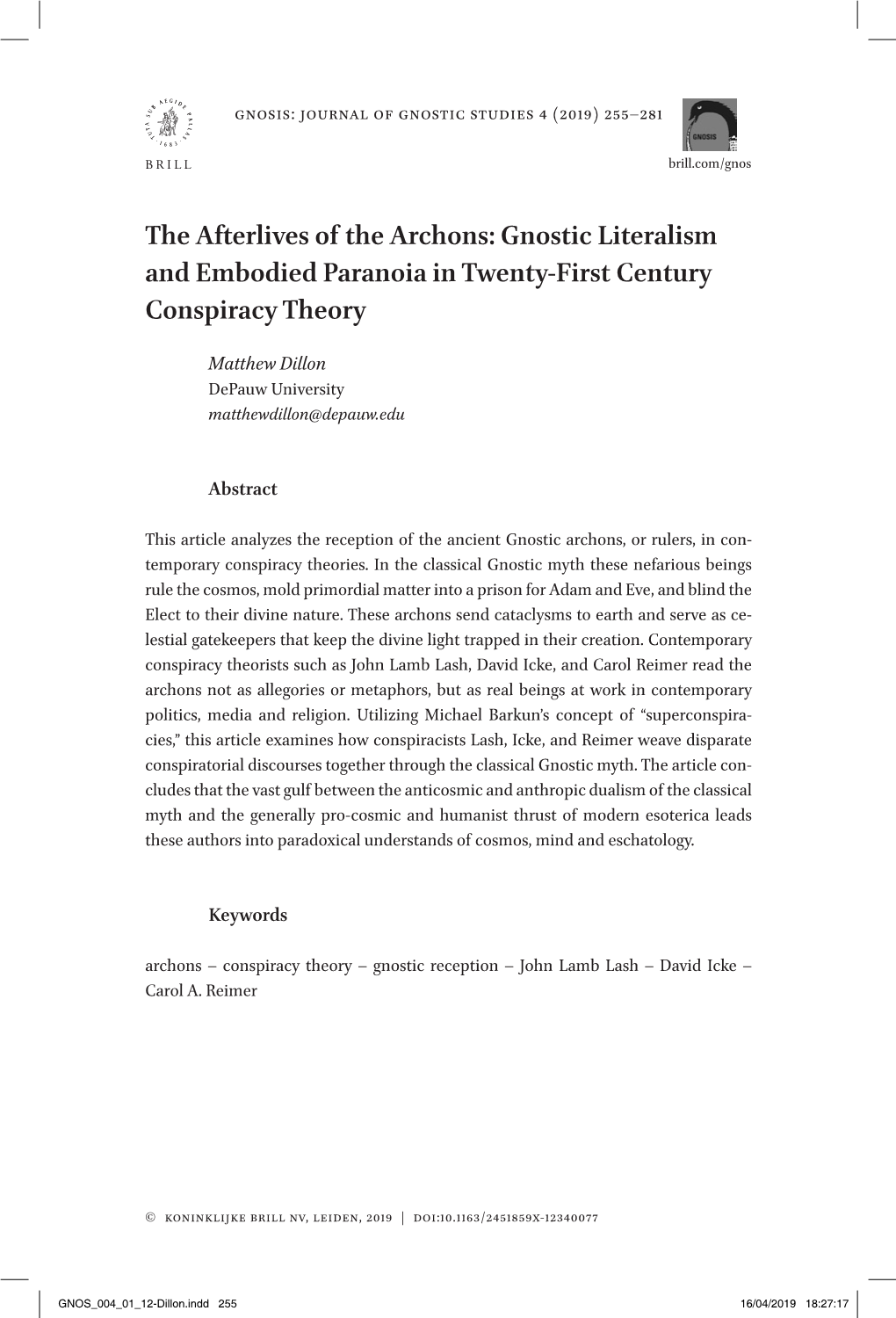 The Afterlives of the Archons: Gnostic Literalism and Embodied Paranoia in Twenty-First Century Conspiracy Theory