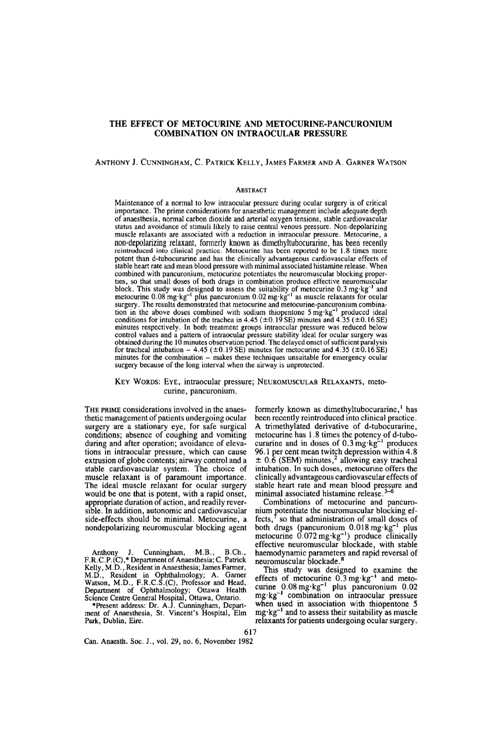 The Effect of Metocurine and Metocurine-Pancuronium Combination on Intraocular Pressure