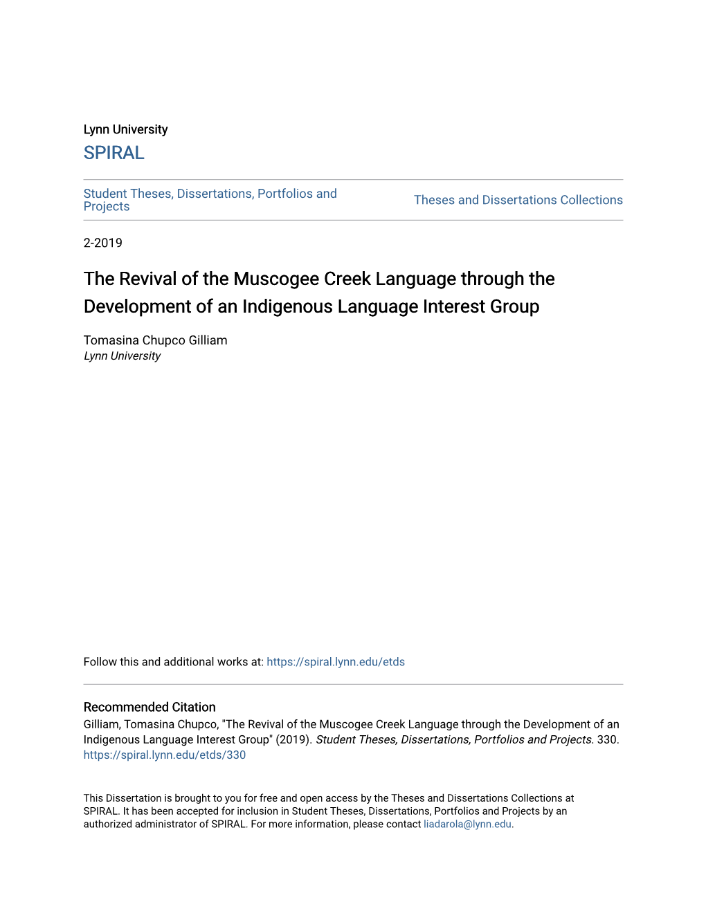 The Revival of the Muscogee Creek Language Through the Development of an Indigenous Language Interest Group