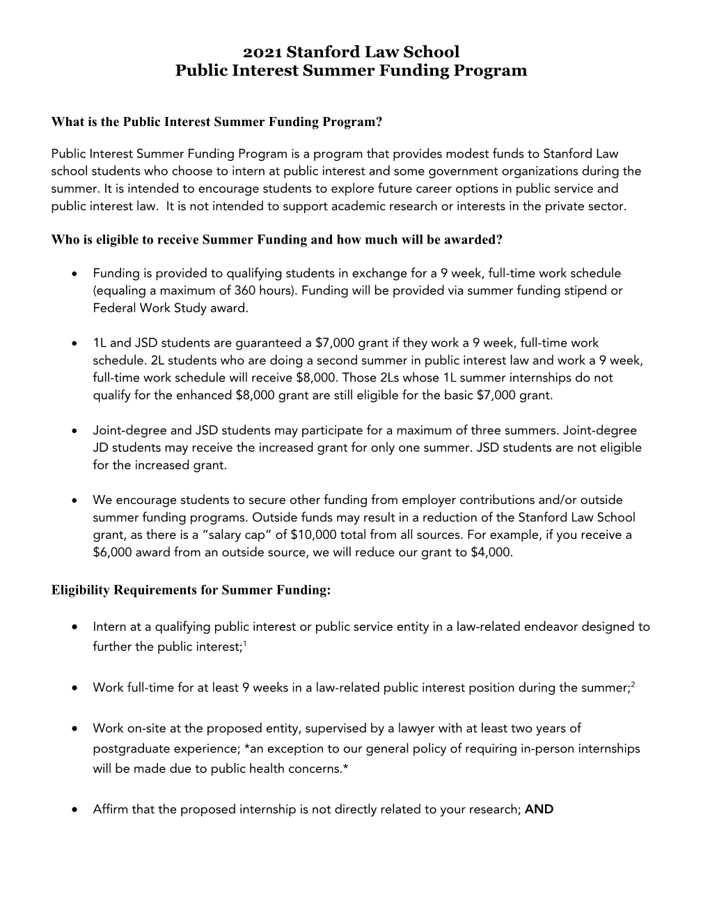 2021 Stanford Law School Public Interest Summer Funding Program