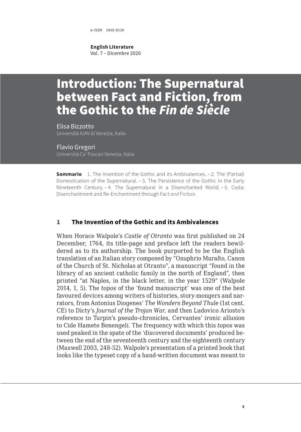 The Supernatural Between Fact and Fiction, from the Gothic to the Fin De Siècle Elisa Bizzotto Università IUAV Di Venezia, Italia