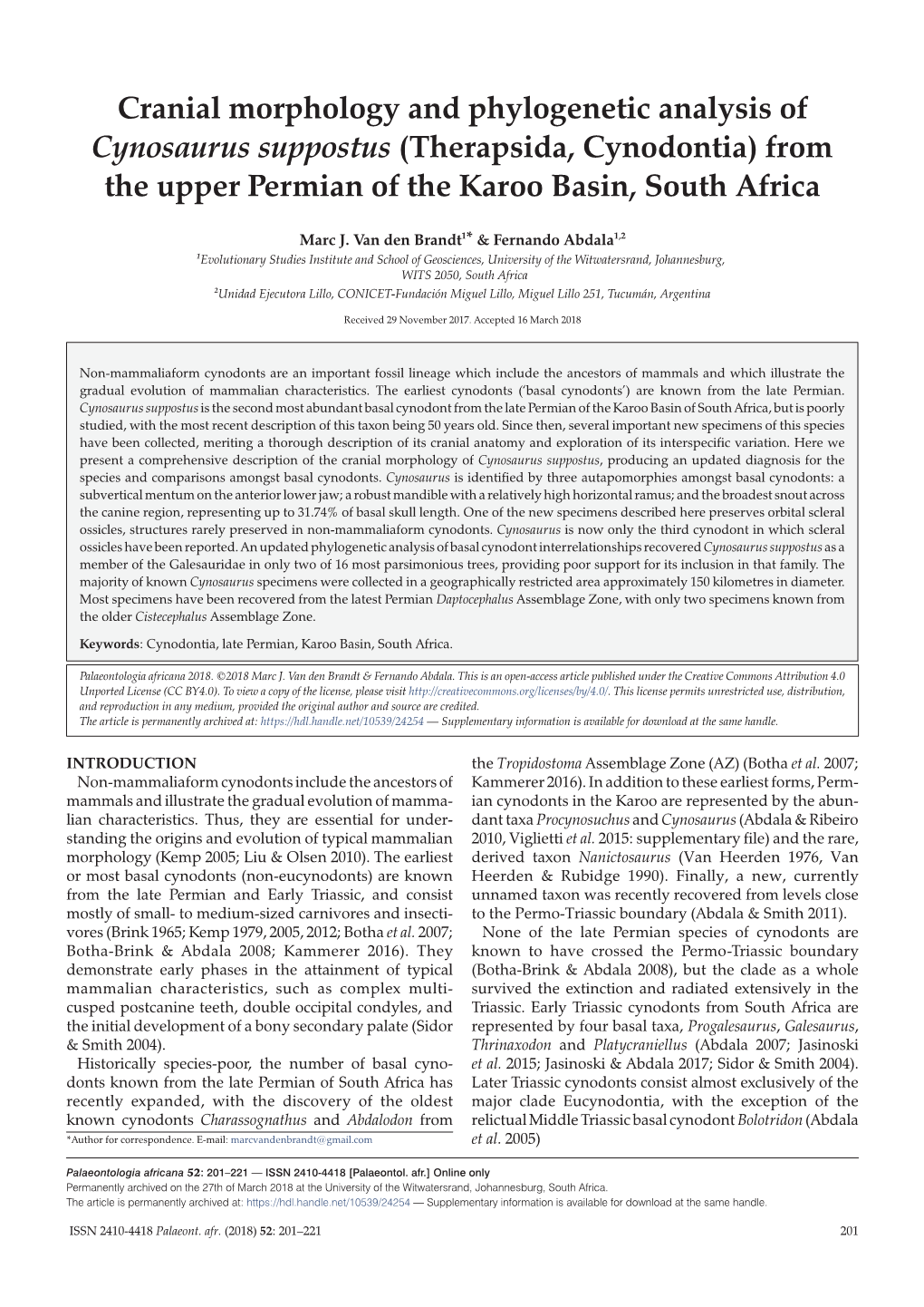 Cranial Morphology and Phylogenetic Analysis of Cynosaurus Suppostus (Therapsida, Cynodontia) from the Upper Permian of the Karoo Basin, South Africa