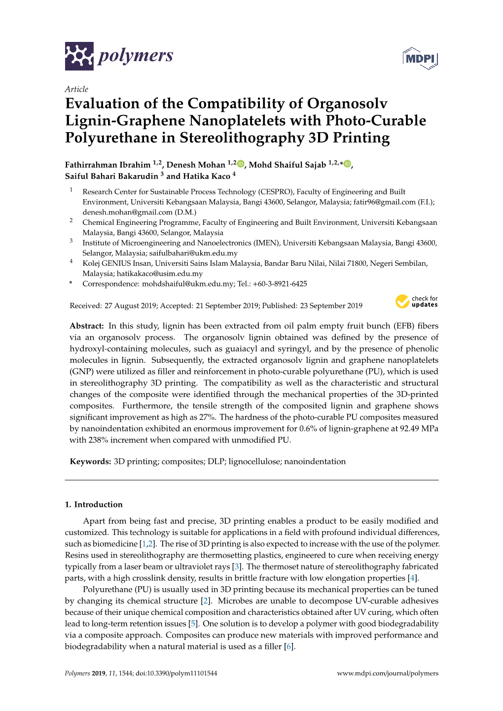 Evaluation of the Compatibility of Organosolv Lignin-Graphene Nanoplatelets with Photo-Curable Polyurethane in Stereolithography 3D Printing