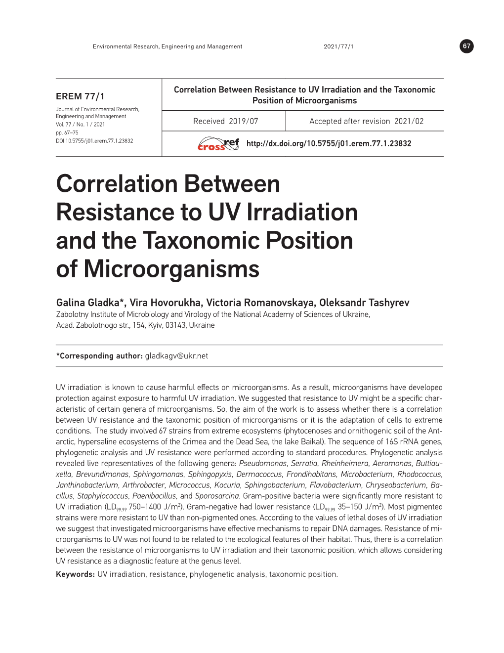 Correlation Between Resistance to UV Irradiation and the Taxonomic