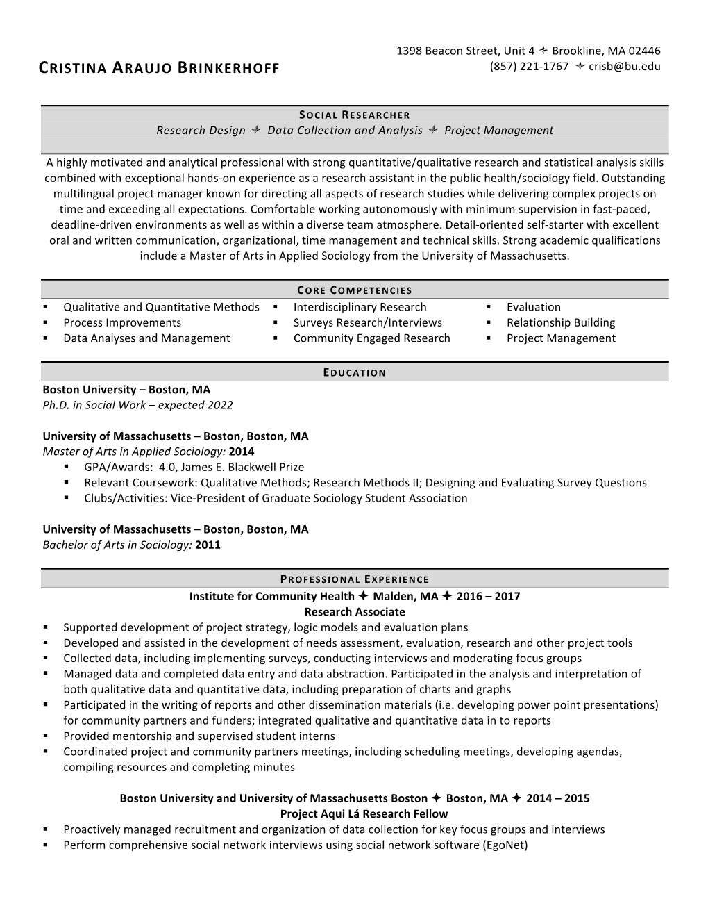 CRISTINA ARAUJO BRINKERHOFF (857) 221-1767 Ò Crisb@Bu.Edu