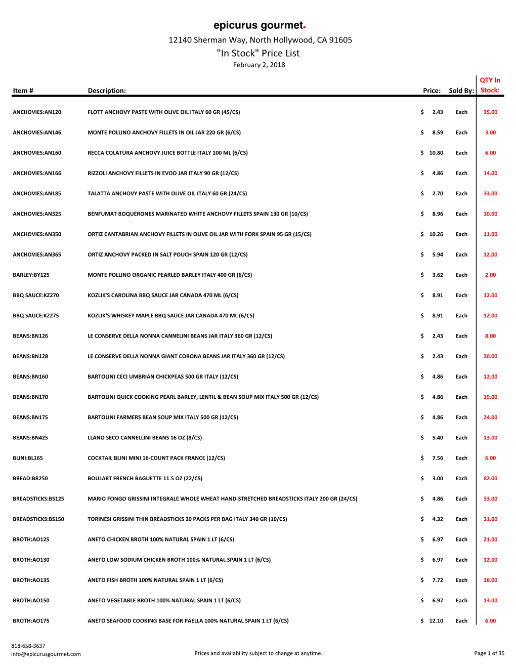 Epicurus Gourmet "In Stock" Price List