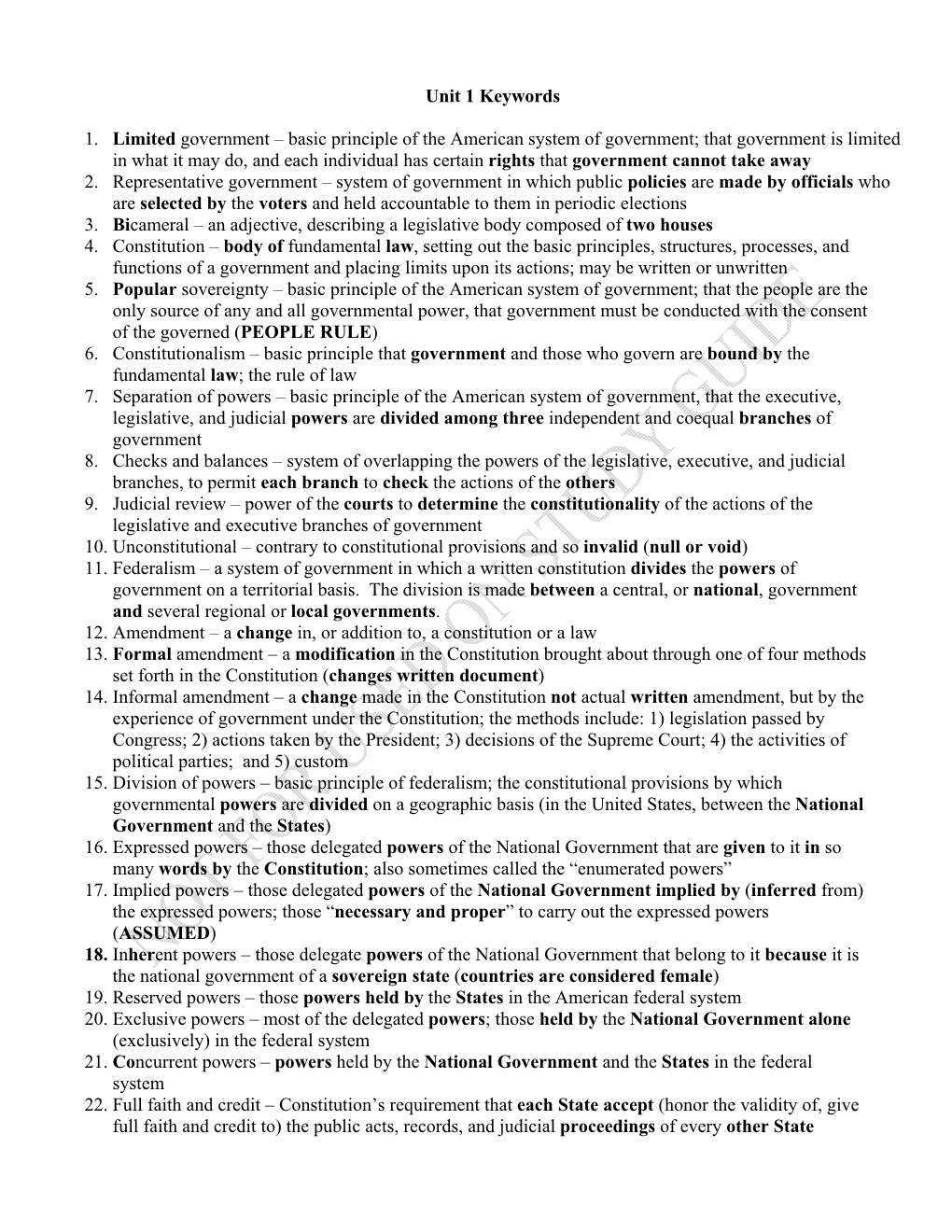 Unit 1 Keywords 1. Limited Government – Basic Principle of the American System of Government; That Government Is Limited in Wh