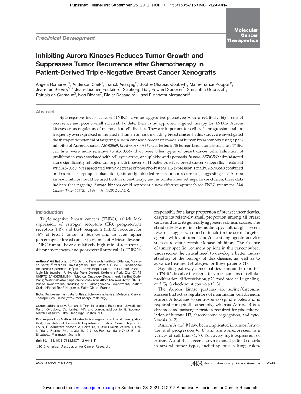 Inhibiting Aurora Kinases Reduces Tumor Growth and Suppresses Tumor Recurrence After Chemotherapy in Patient-Derived Triple-Negative Breast Cancer Xenografts