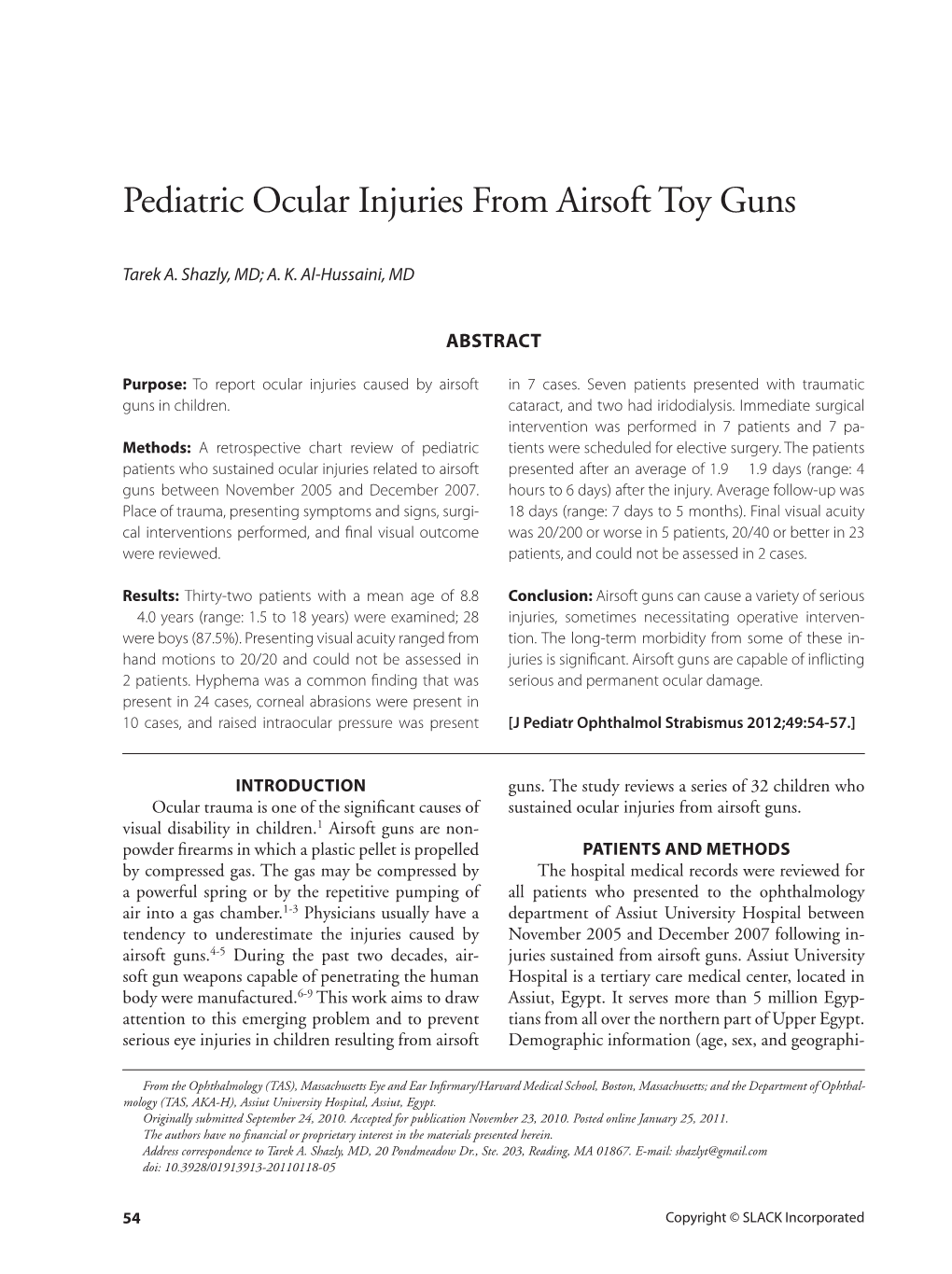 Pediatric Ocular Injuries from Airsoft Toy Guns