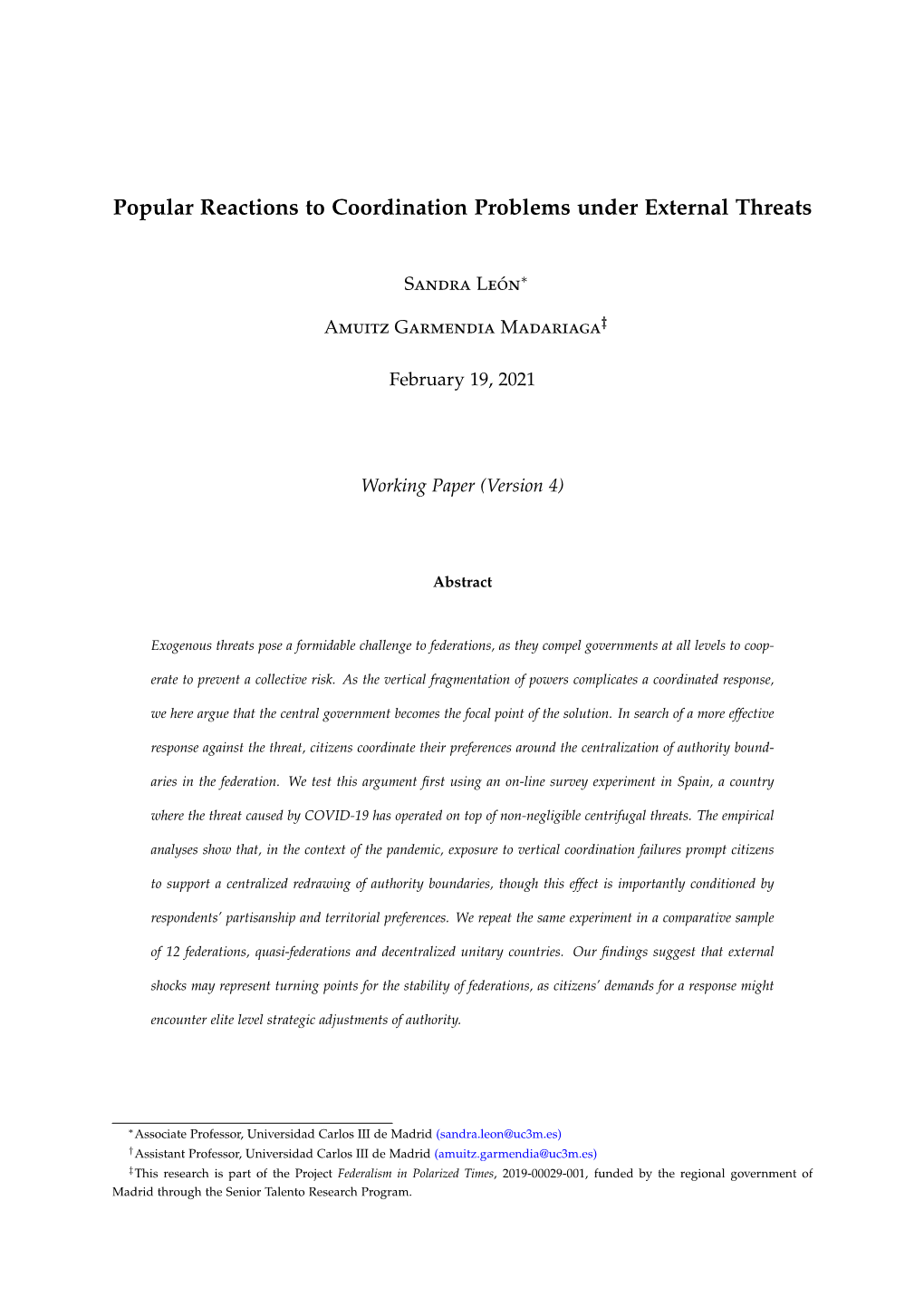 Popular Reactions to Coordination Problems Under External Threats