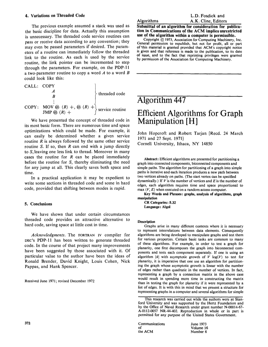 Algorithm 447 Efficient Algorithms for Graph Manipulation [H ]