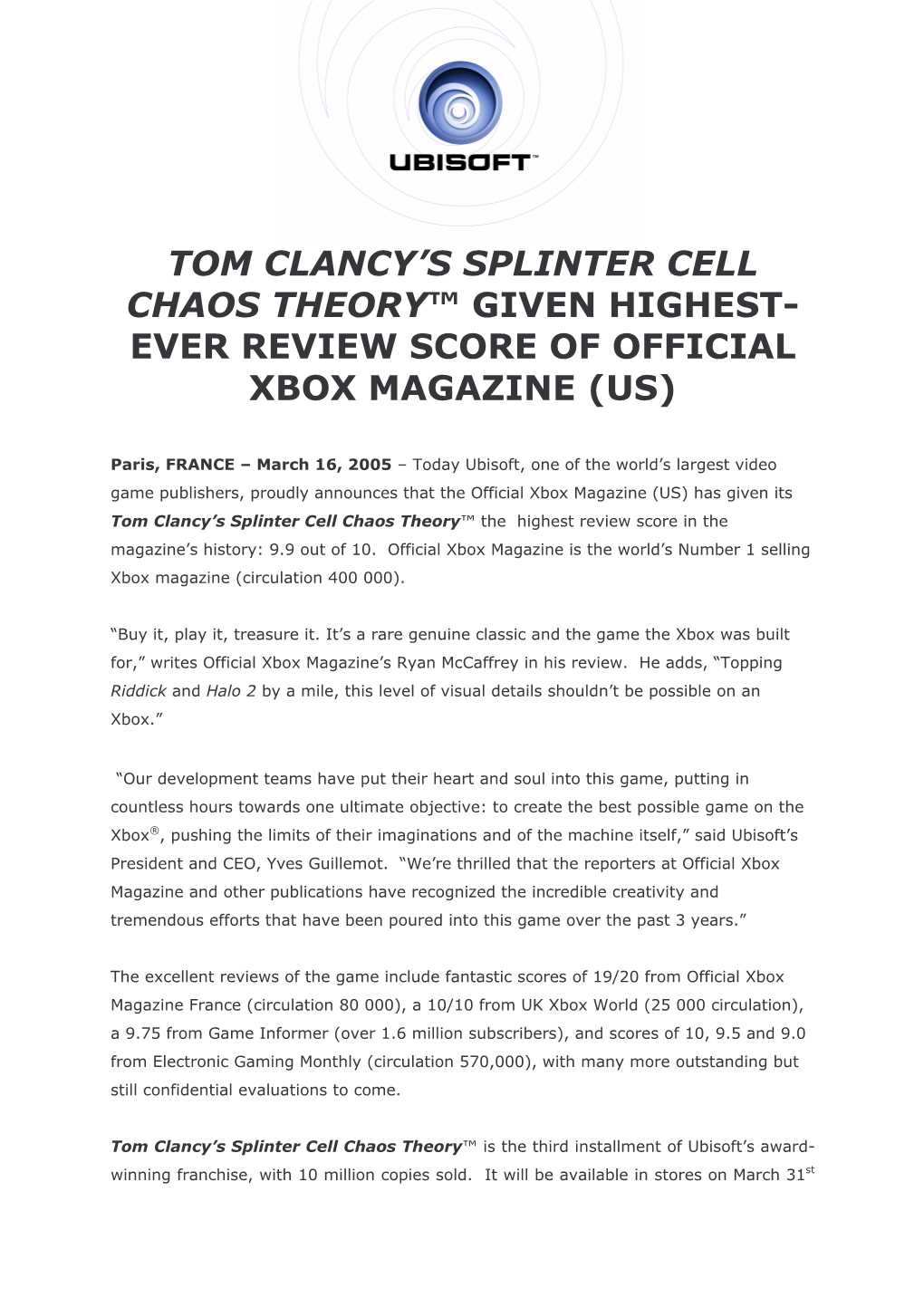 Tom Clancy's Splinter Cell Chaos Theory™ Given Highest- Ever Review Score
