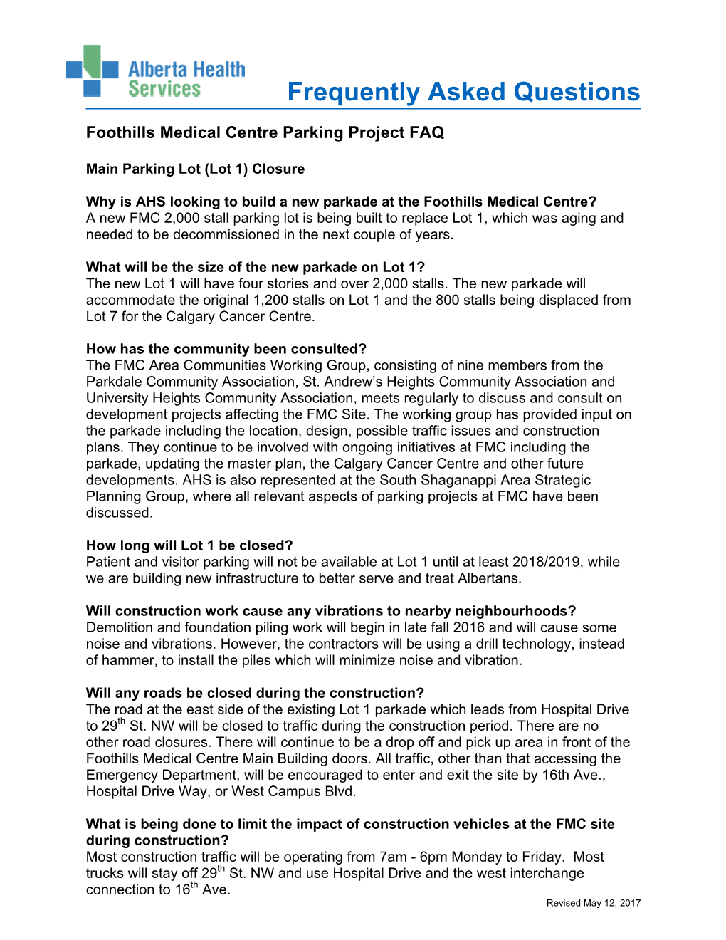 Foothills Medical Centre Parking Project FAQ