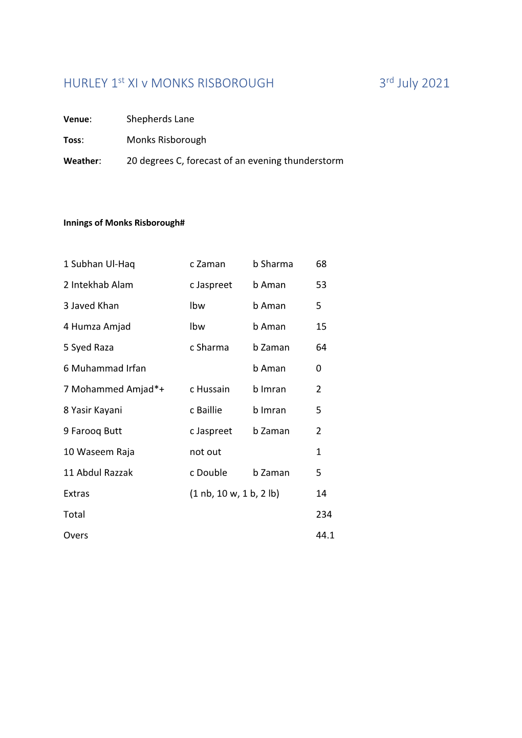 HURLEY 1St XI V MONKS RISBOROUGH 3Rd July 2021