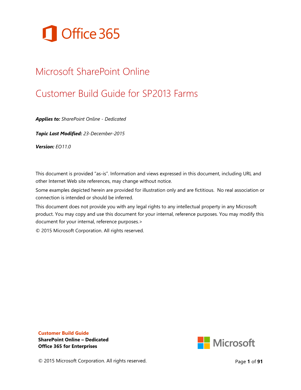 Microsoft Sharepoint Online Customer Build Guide for SP2013 Farms