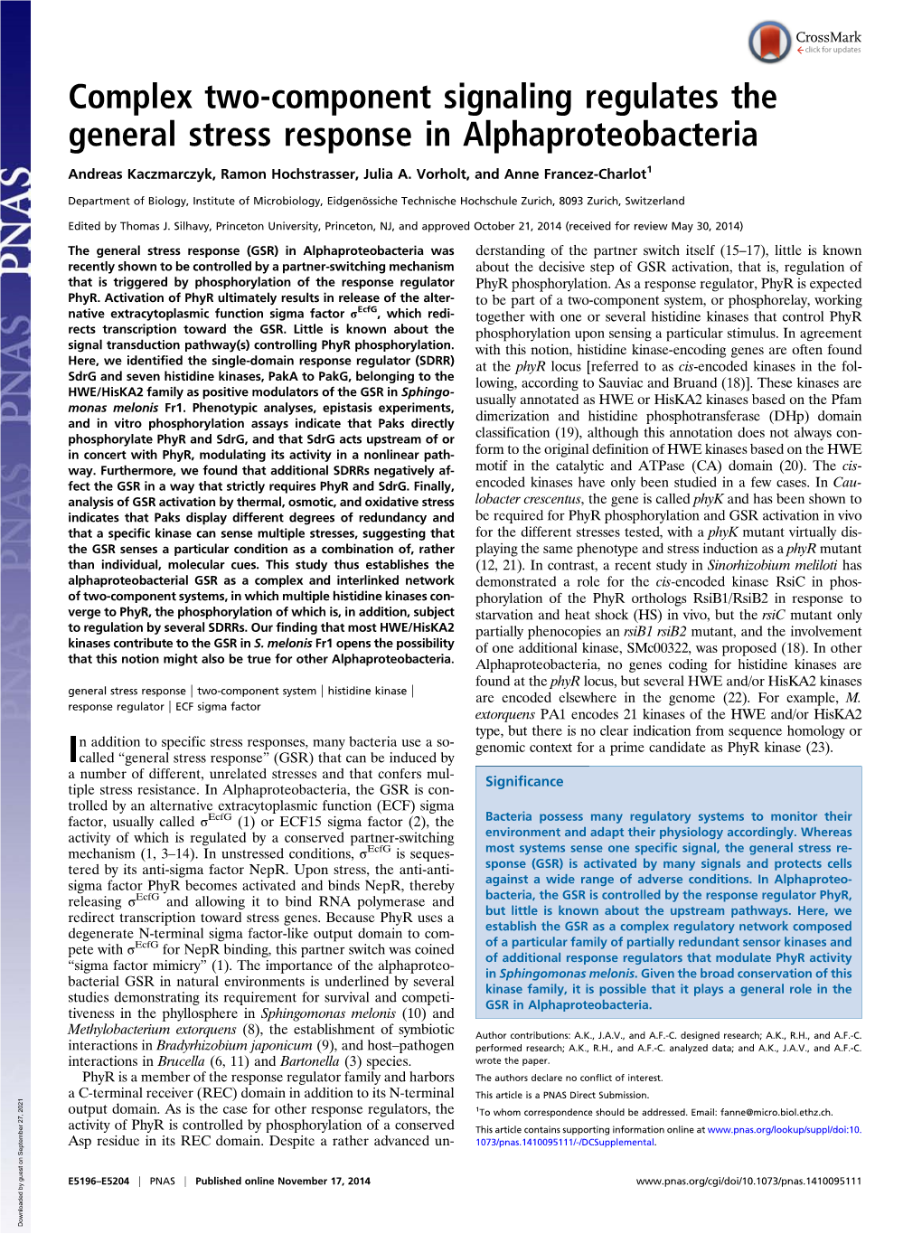 Complex Two-Component Signaling Regulates the General Stress Response in Alphaproteobacteria