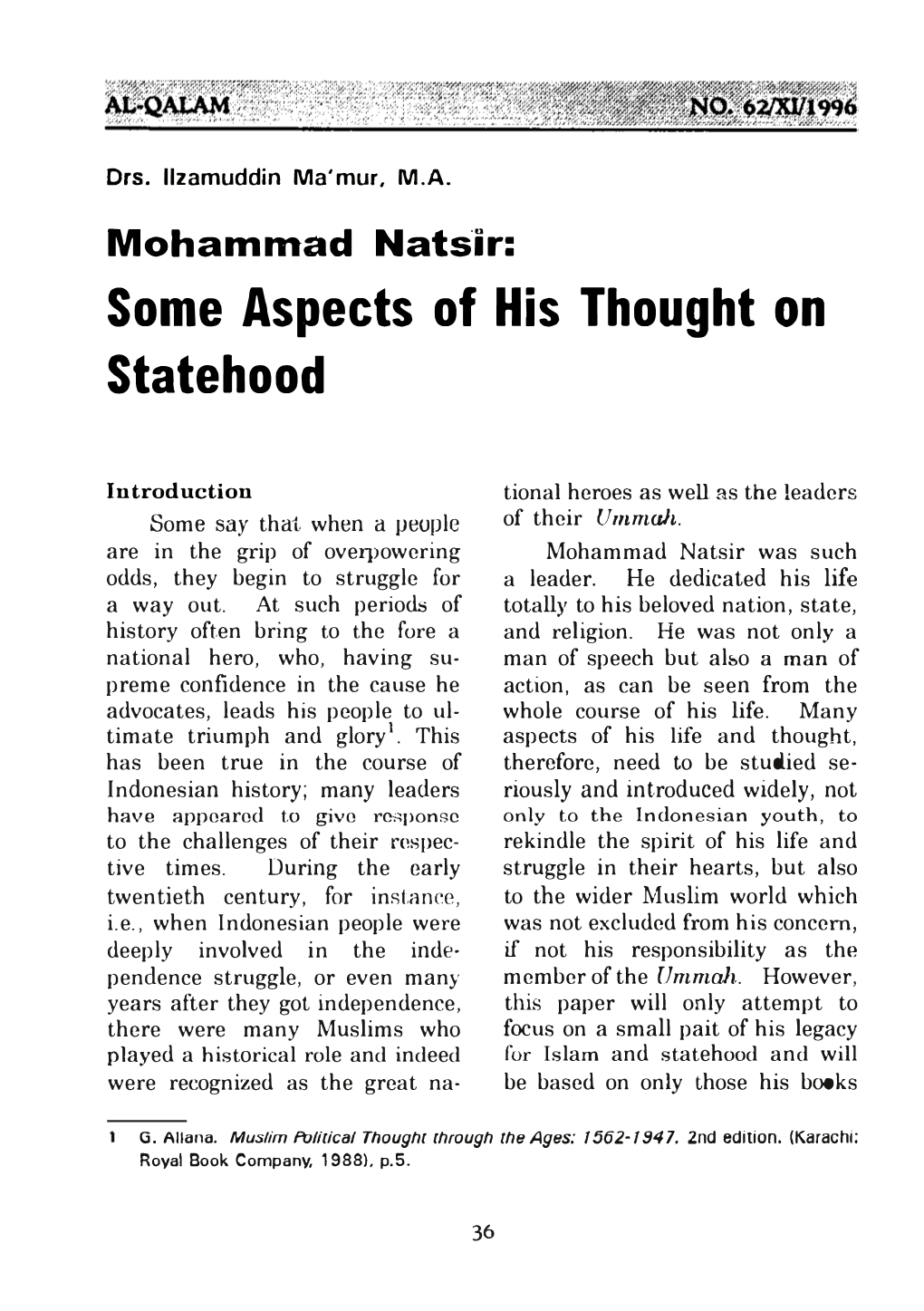 Some Aspects of His Thought on Statehood