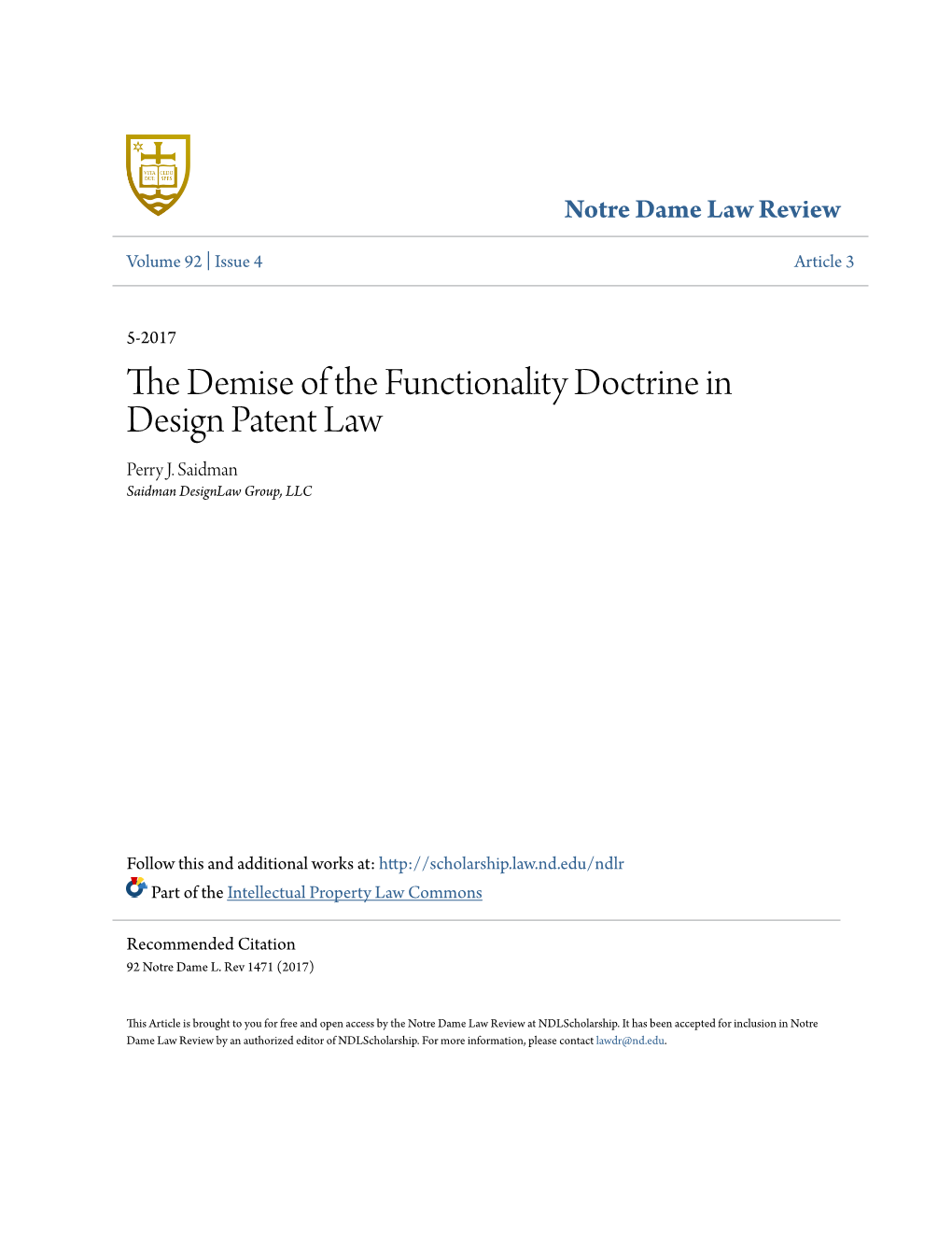 The Demise of the Functionality Doctrine in Design Patent Law