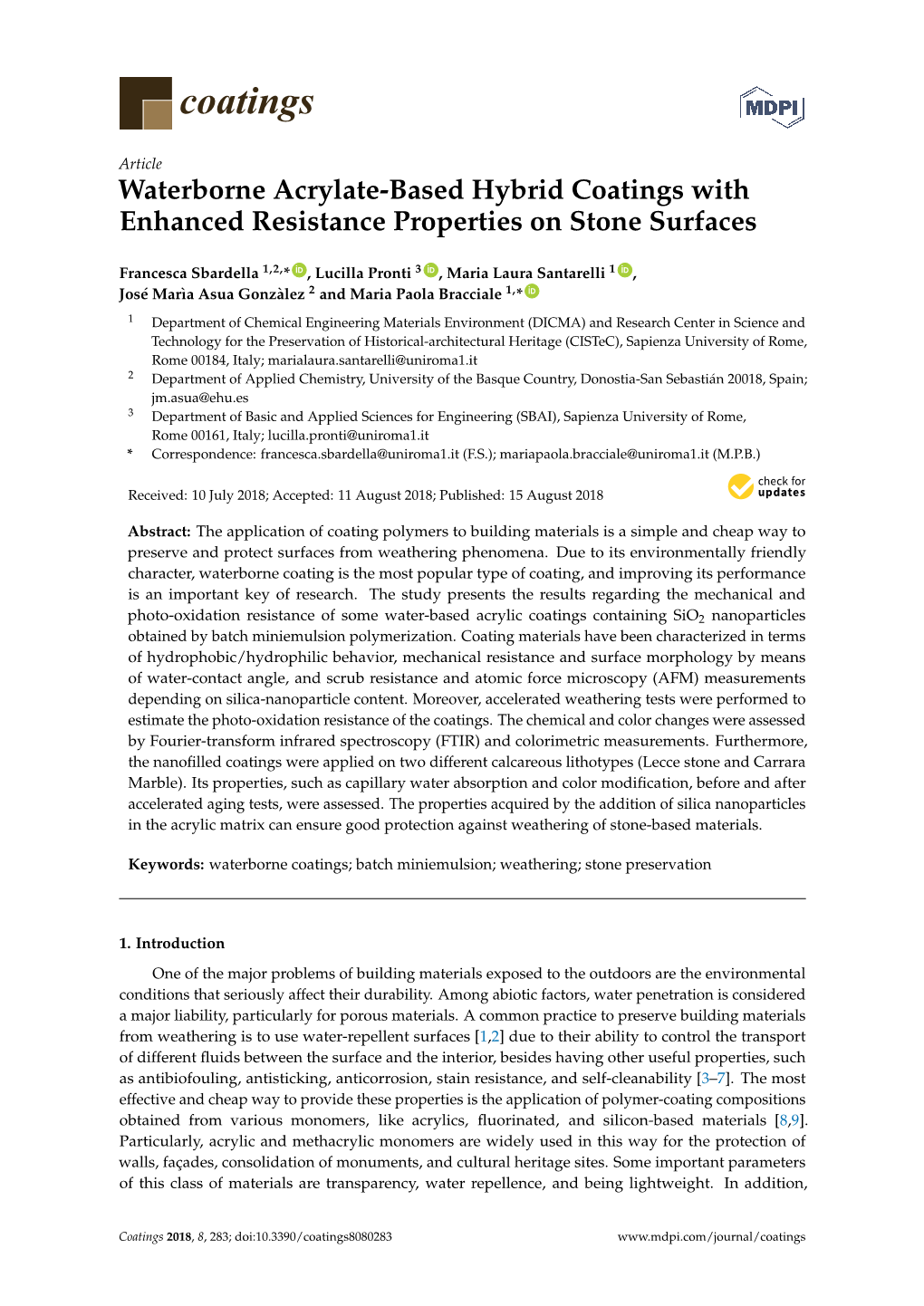 Waterborne Acrylate-Based Hybrid Coatings with Enhanced Resistance Properties on Stone Surfaces