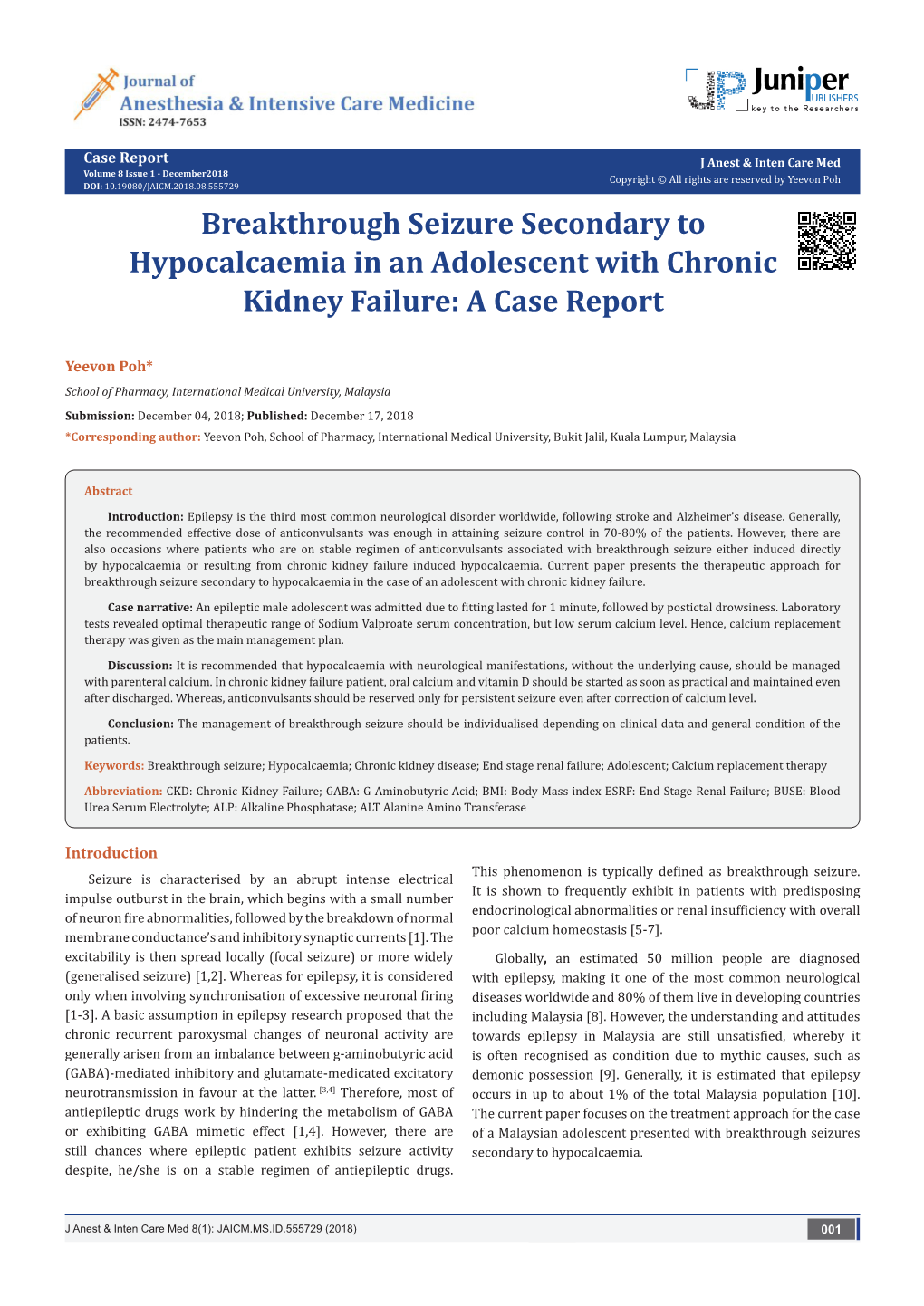 Breakthrough Seizure Secondary to Hypocalcaemia in an Adolescent with Chronic Kidney Failure: a Case Report