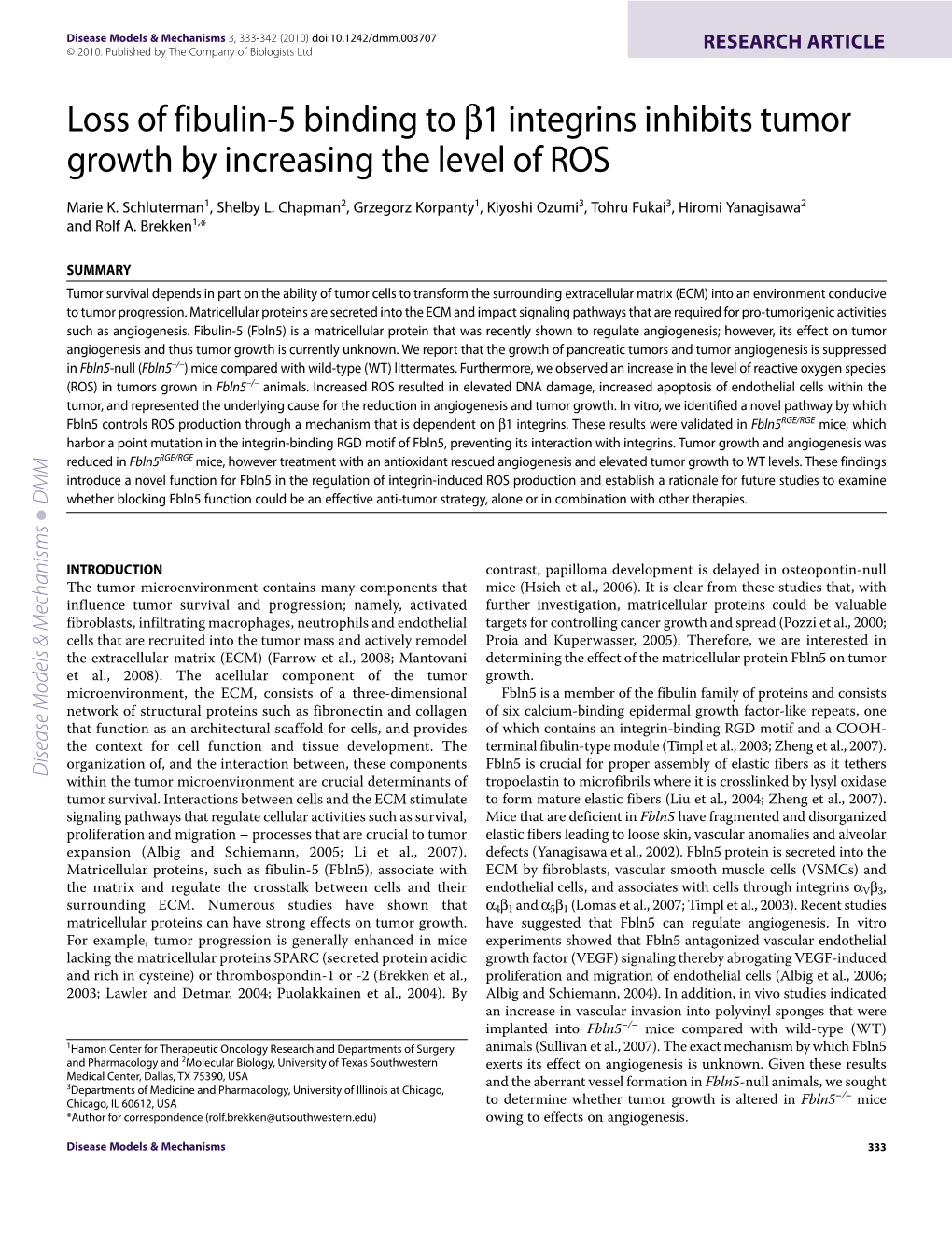Loss of Fibulin-5 Binding to B1 Integrins Inhibits Tumor Growth by Increasing the Level of ROS
