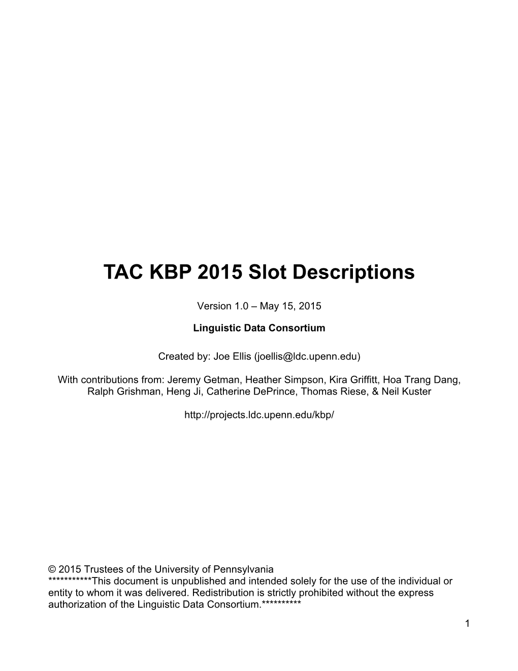 TAC KBP 2015 Slot Descriptions