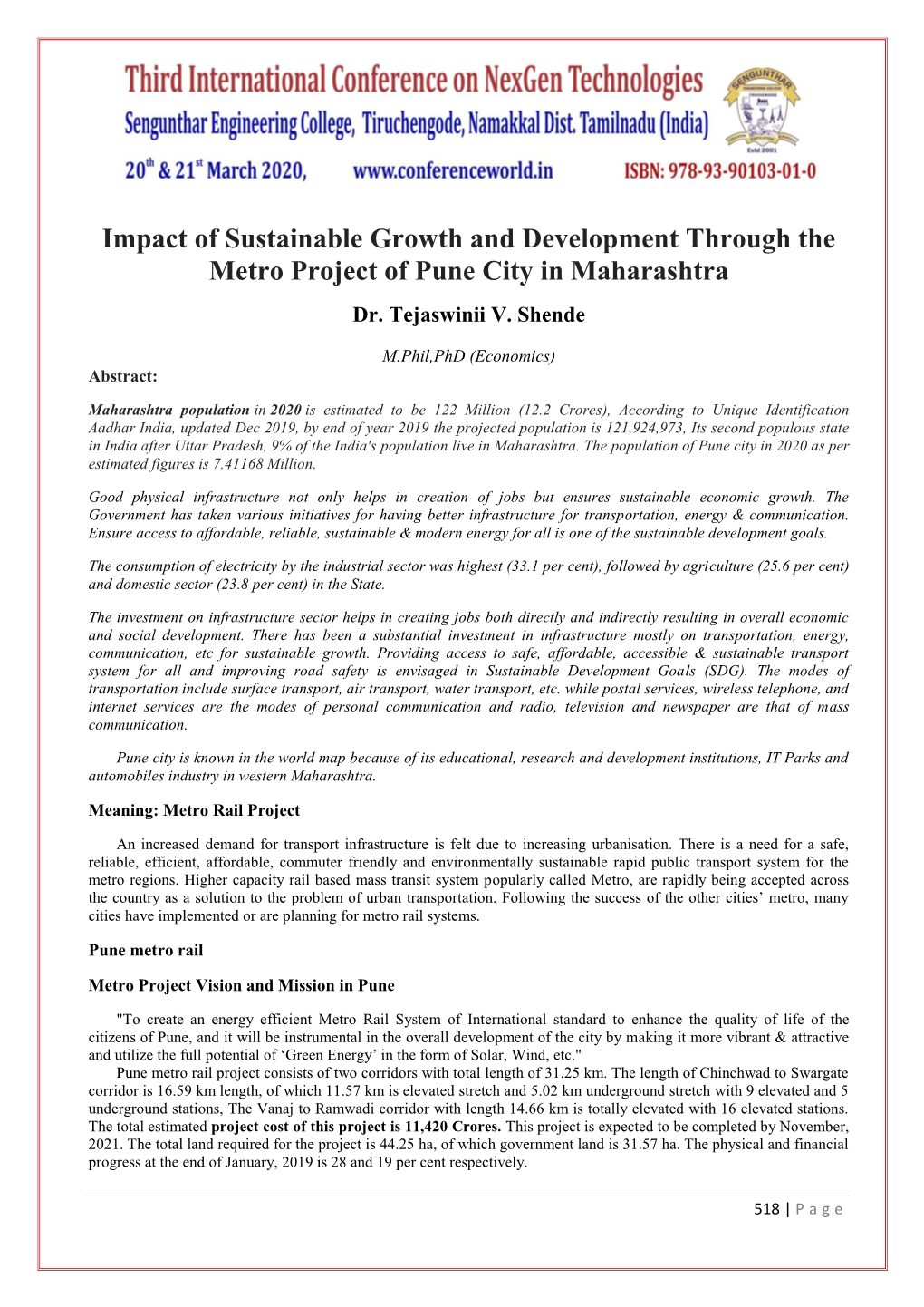 Impact of Sustainable Growth and Development Through the Metro Project of Pune City in Maharashtra Dr