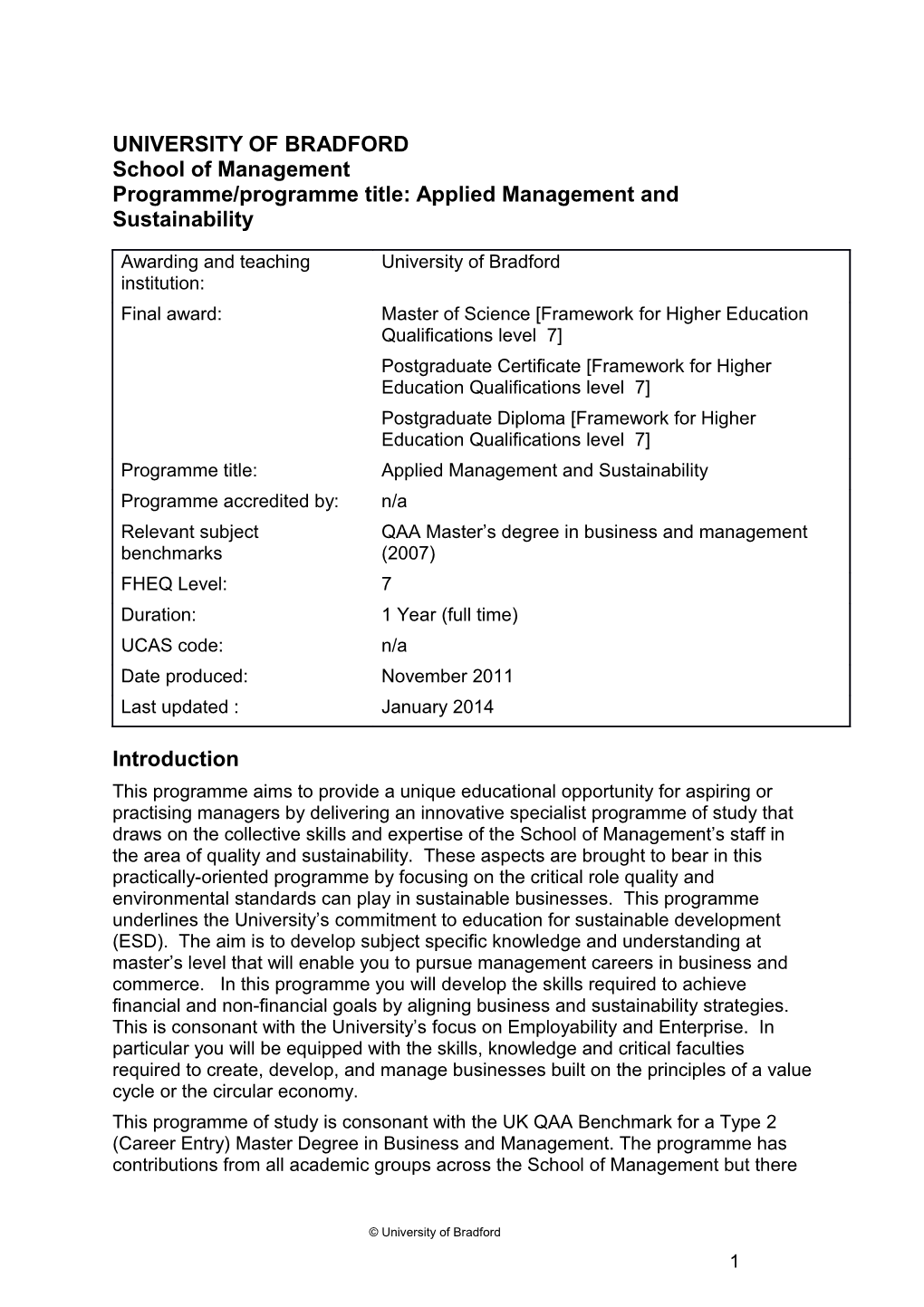 UNIVERSITY of BRADFORD School of Management Programme/Programme Title: Applied Management