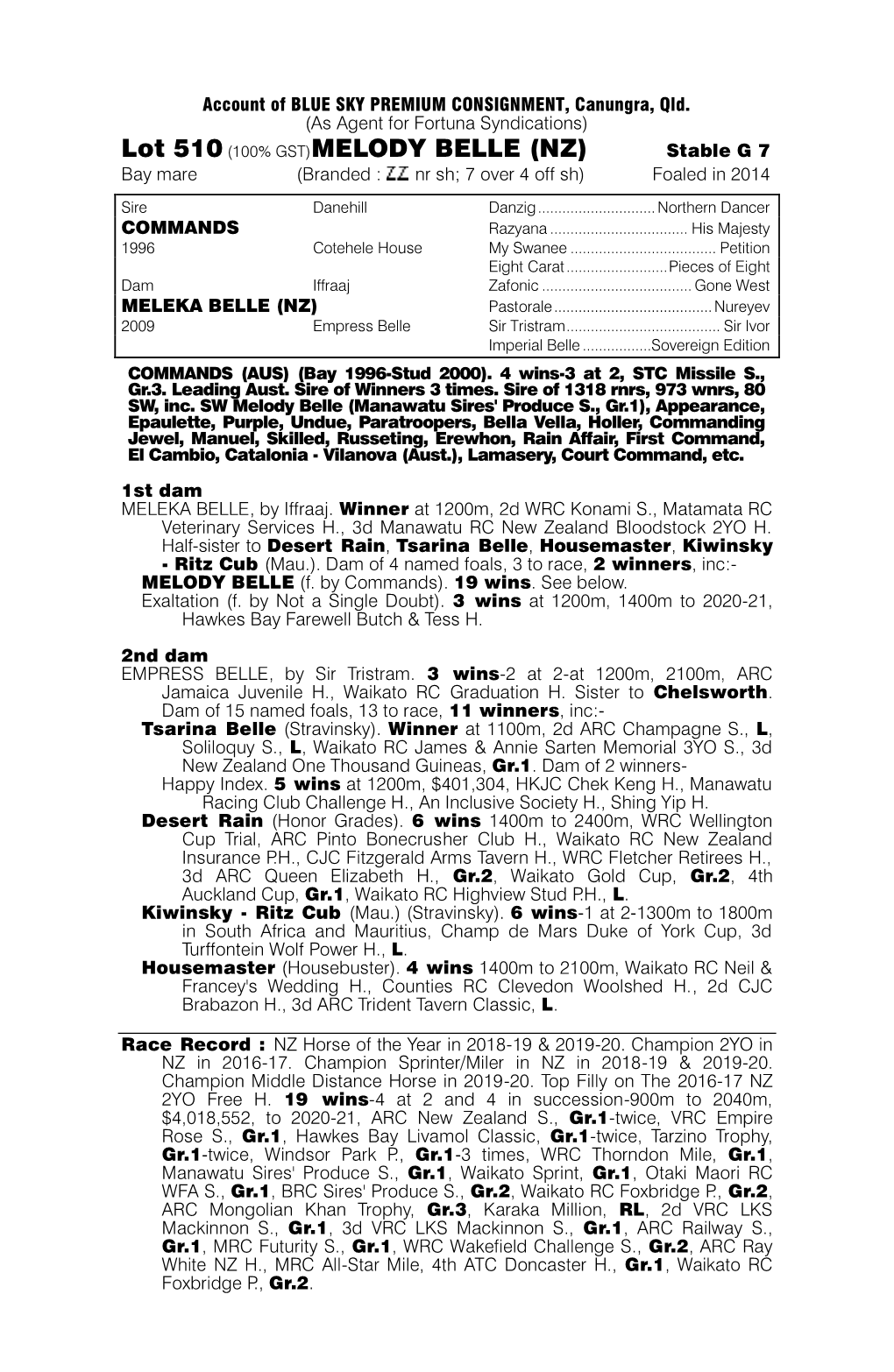 Lot 510 (100% GST)MELODY BELLE (NZ) Stable G 7 Bay Mare (Branded : Nr Sh; 7 Over 4 Off Sh) Foaled in 2014