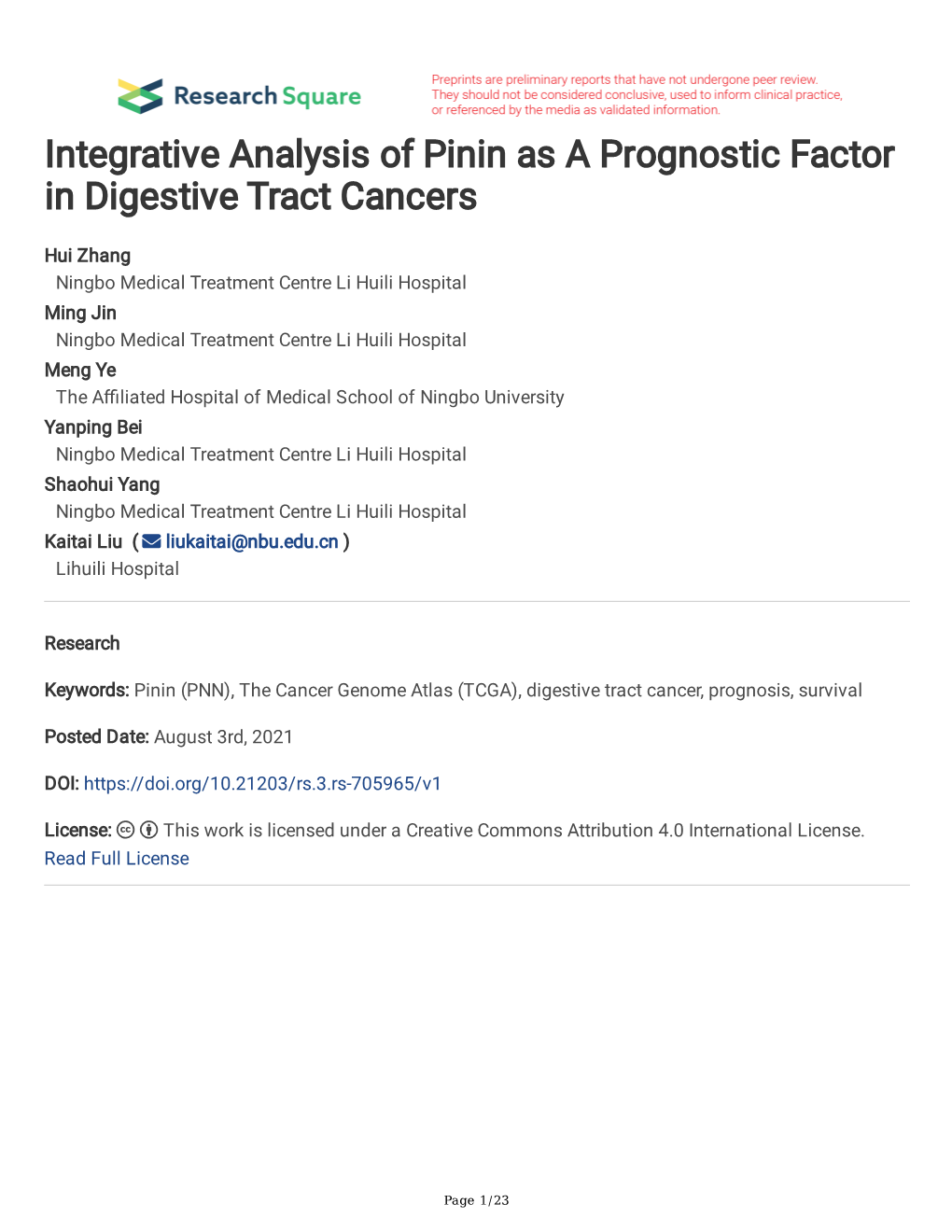 Integrative Analysis of Pinin As a Prognostic Factor in Digestive Tract Cancers