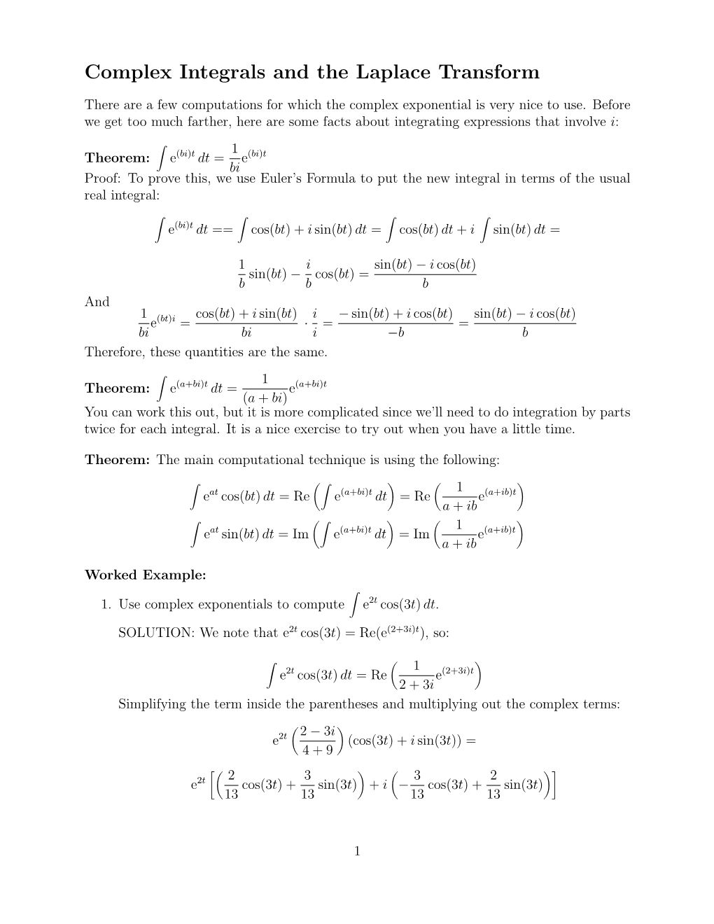 Complex Integrals and the Laplace Transform