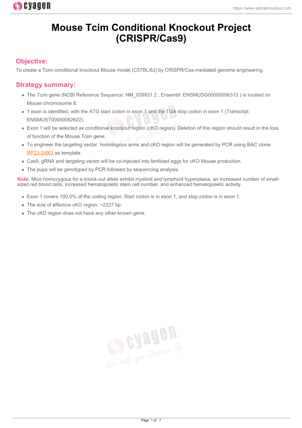 Mouse Tcim Conditional Knockout Project (CRISPR/Cas9)