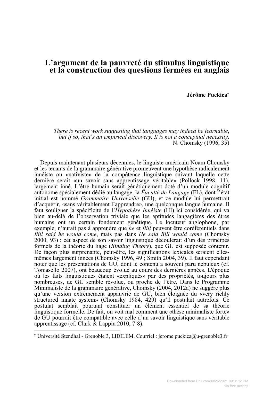 L'argument De La Pauvreté Du Stimulus Linguistique Et La