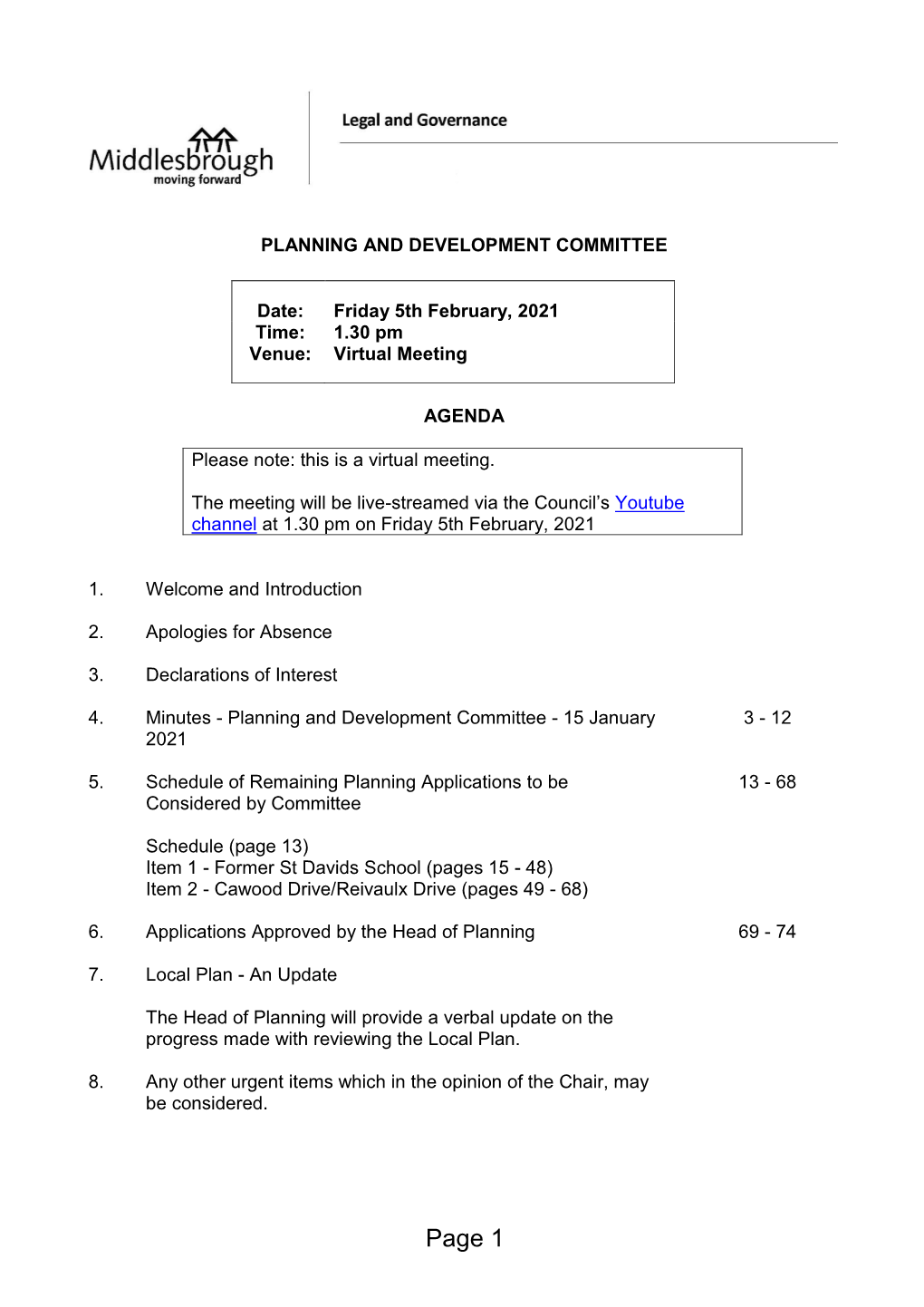 (Public Pack)Agenda Document for Planning and Development Committee, 05/02/2021 13:30