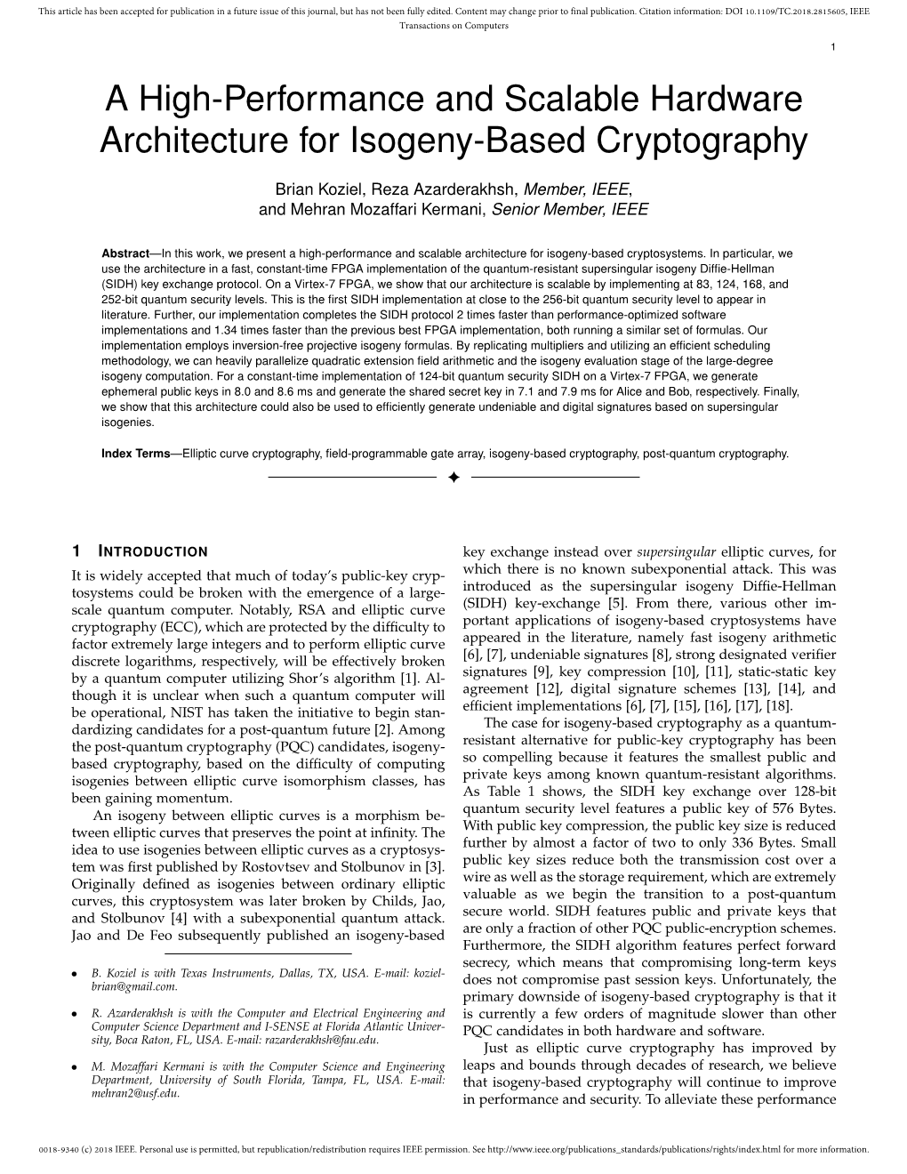 A High-Performance and Scalable Hardware Architecture for Isogeny-Based Cryptography