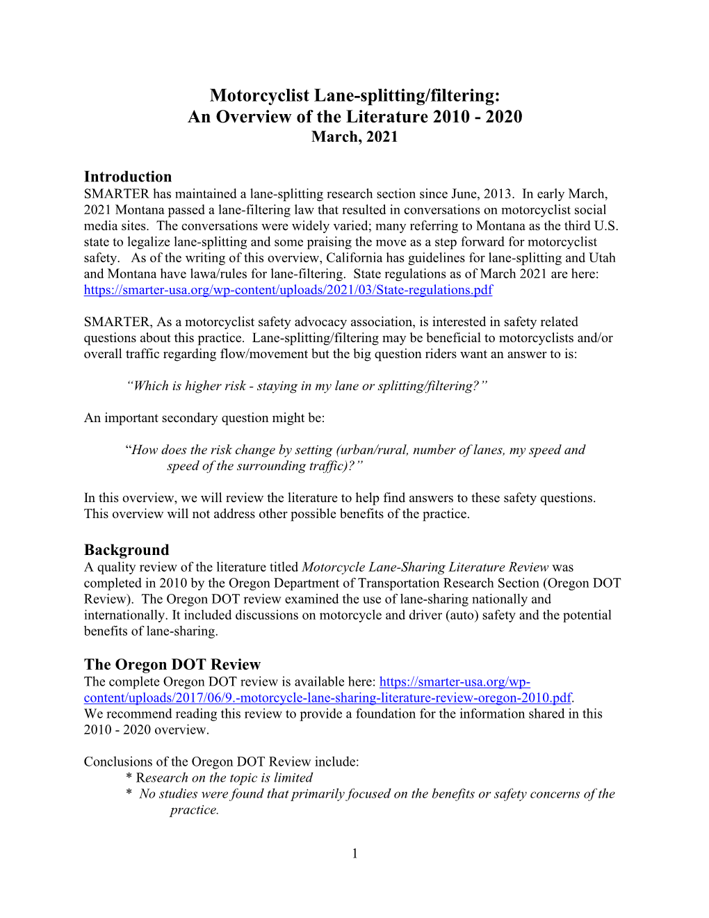 Motorcycle Lane-Splitting/Filtering: an Overview of the Literature 2010-2020