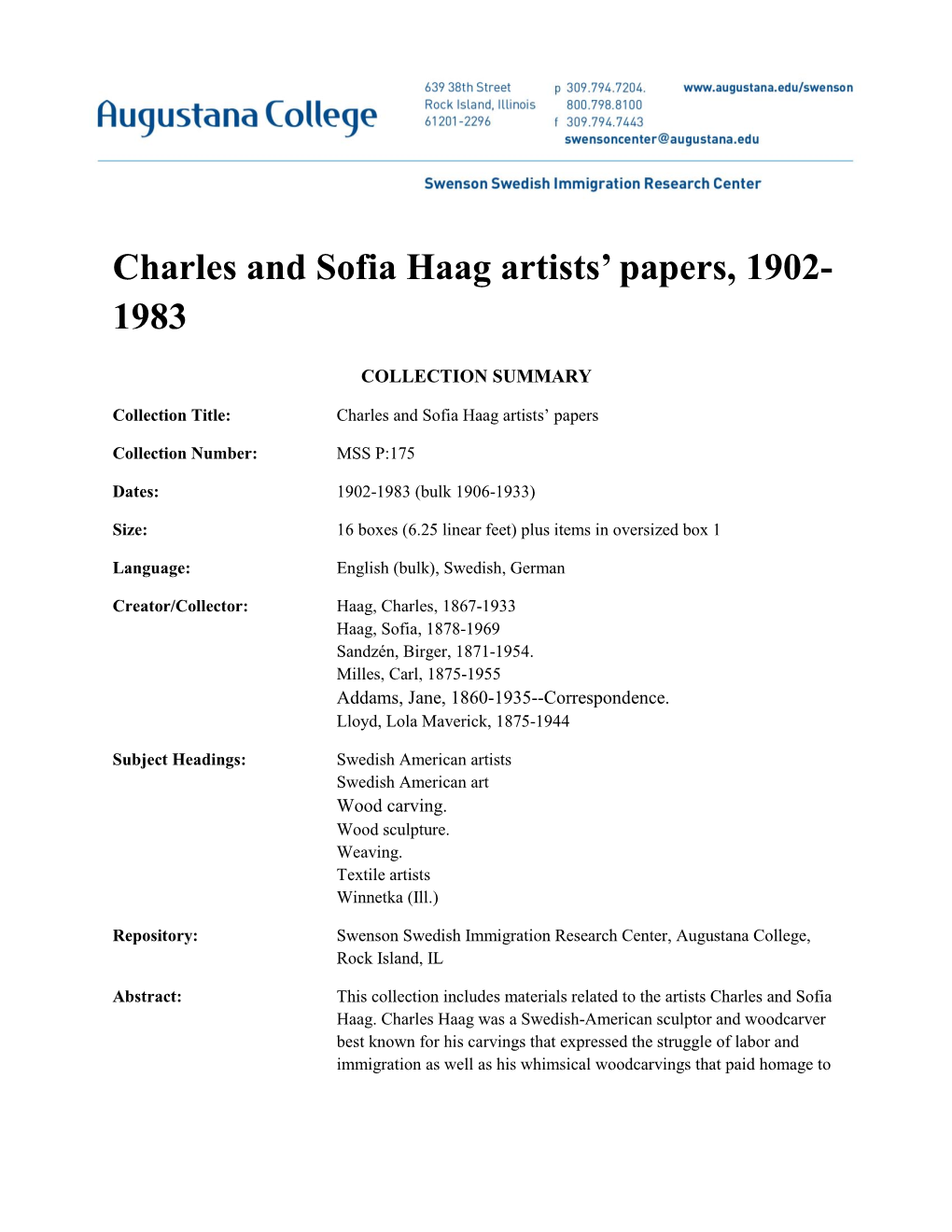 Charles and Sofia Haag Artists' Papers, 1902
