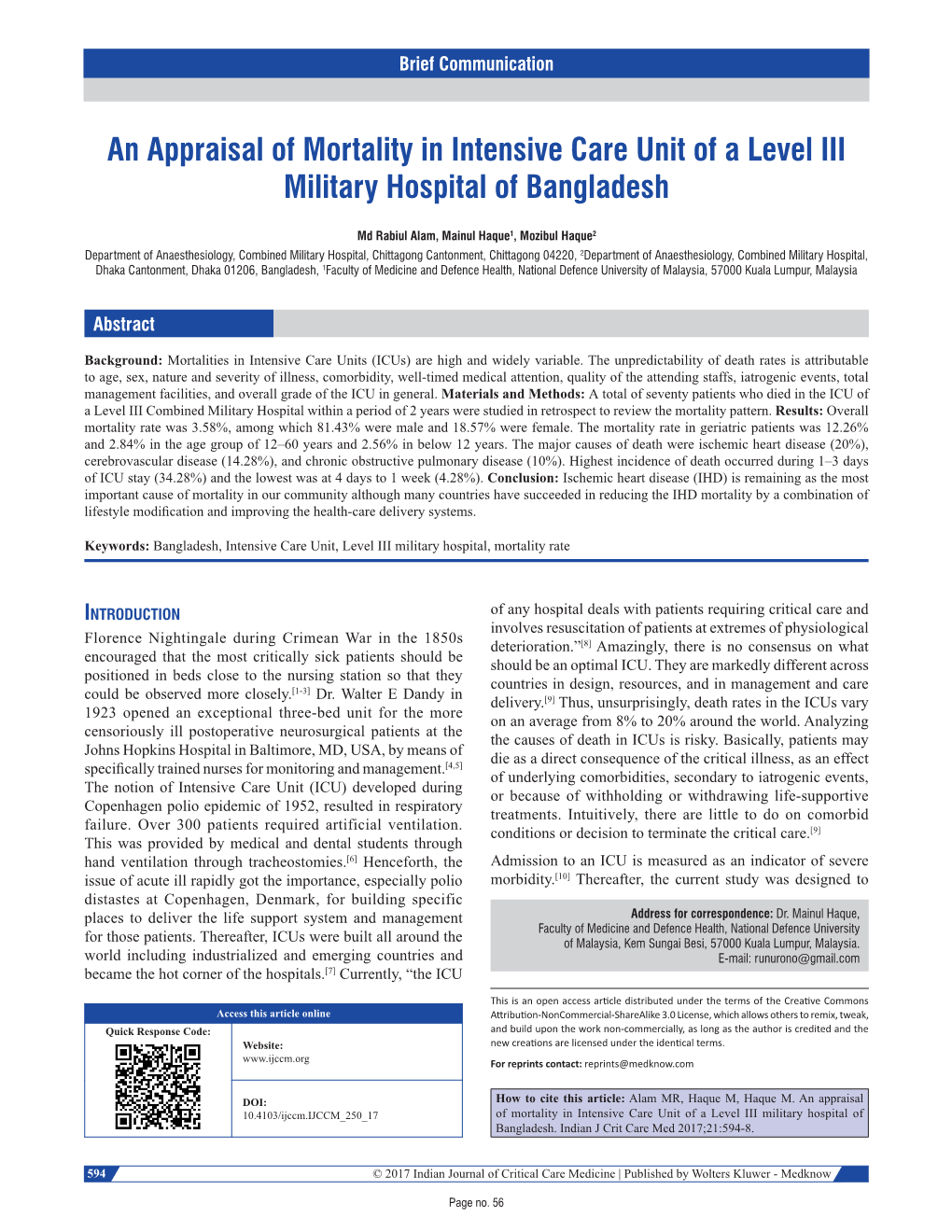 An Appraisal of Mortality in Intensive Care Unit of a Level III Military Hospital of Bangladesh