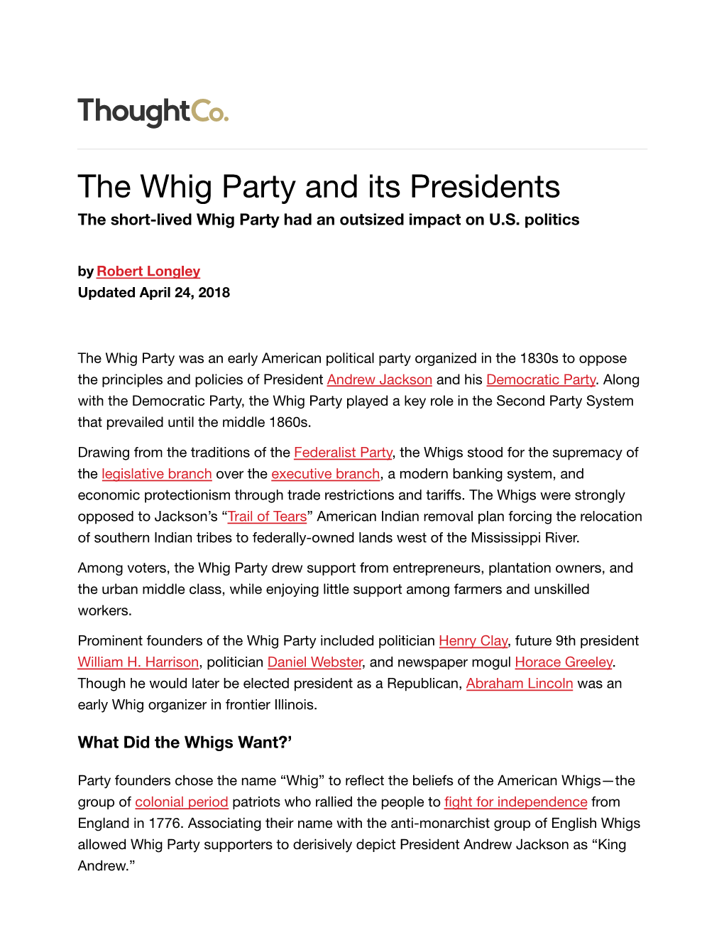 The Whig Party and Its Presidents the Short-Lived Whig Party Had an Outsized Impact on U.S