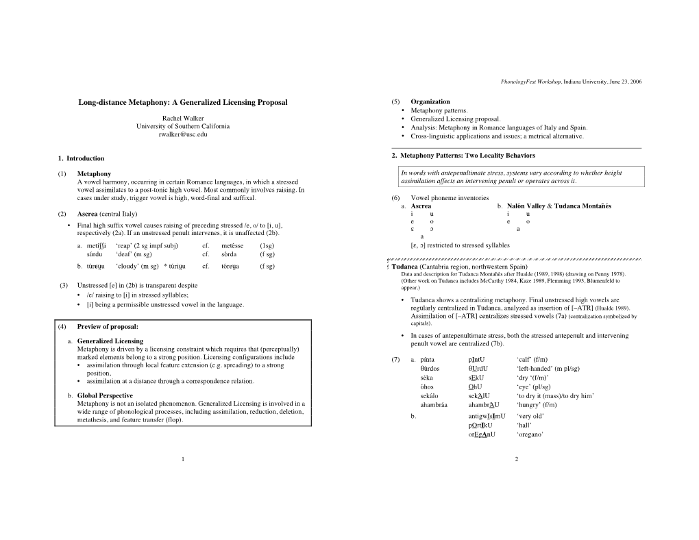 Long-Distance Metaphony: a Generalized Licensing Proposal (5) Organization • Metaphony Patterns