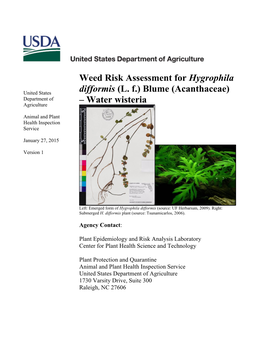 Weed Risk Assessment for Hygrophila Difformis (L. F.) Blume (Acanthaceae)