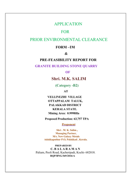 APPLICATION for PRIOR ENVIRONMENTAL CLEARANCE FORM –1M & PRE-FEASIBILITY REPORT for GRANITE BUILDING STONE QUARRY of Shri