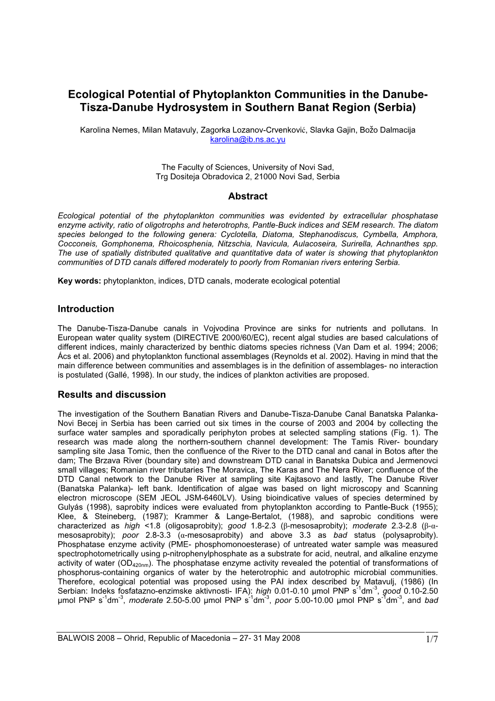 Ecological Potential of Phytoplankton Communities in the Danube- Tisza-Danube Hydrosystem in Southern Banat Region (Serbia)