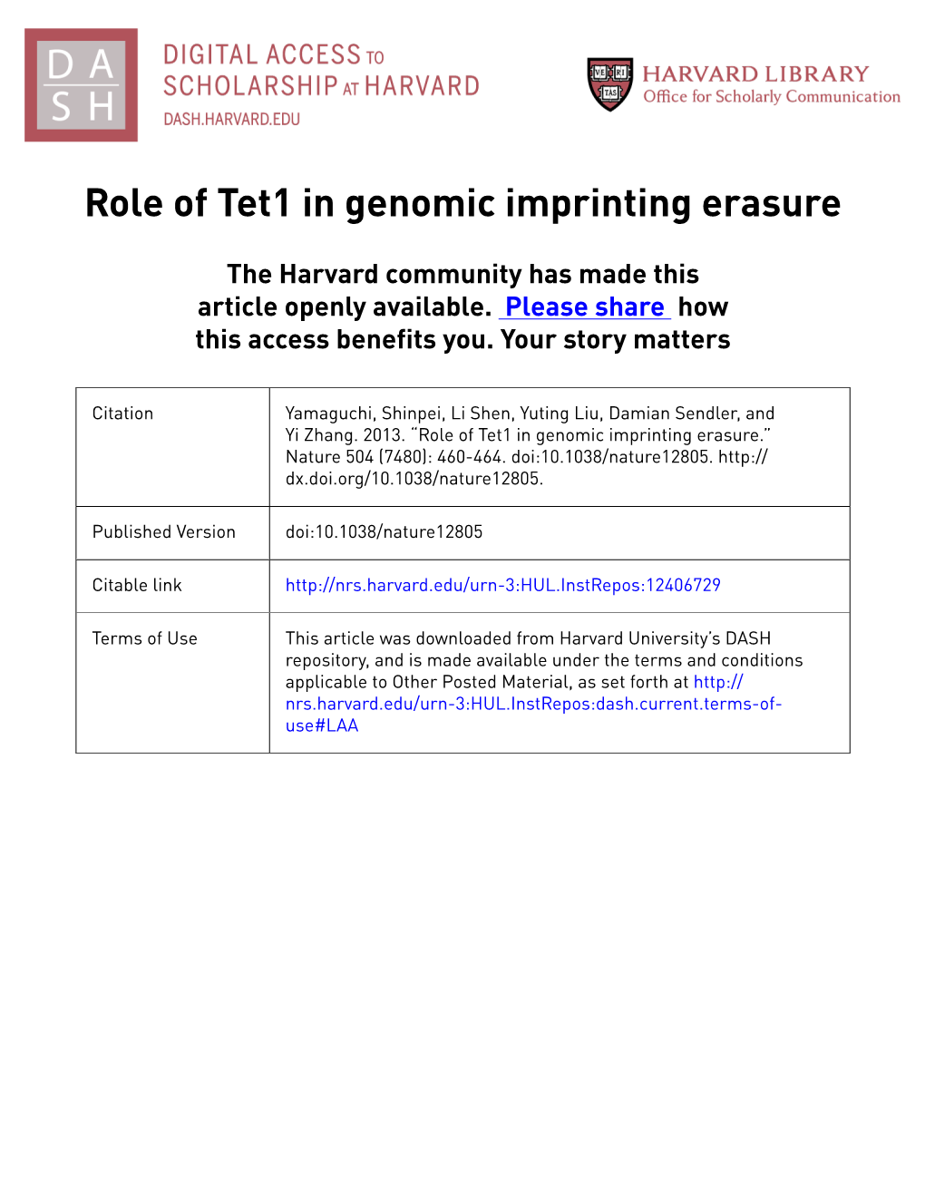 Role of Tet1 in Genomic Imprinting Erasure