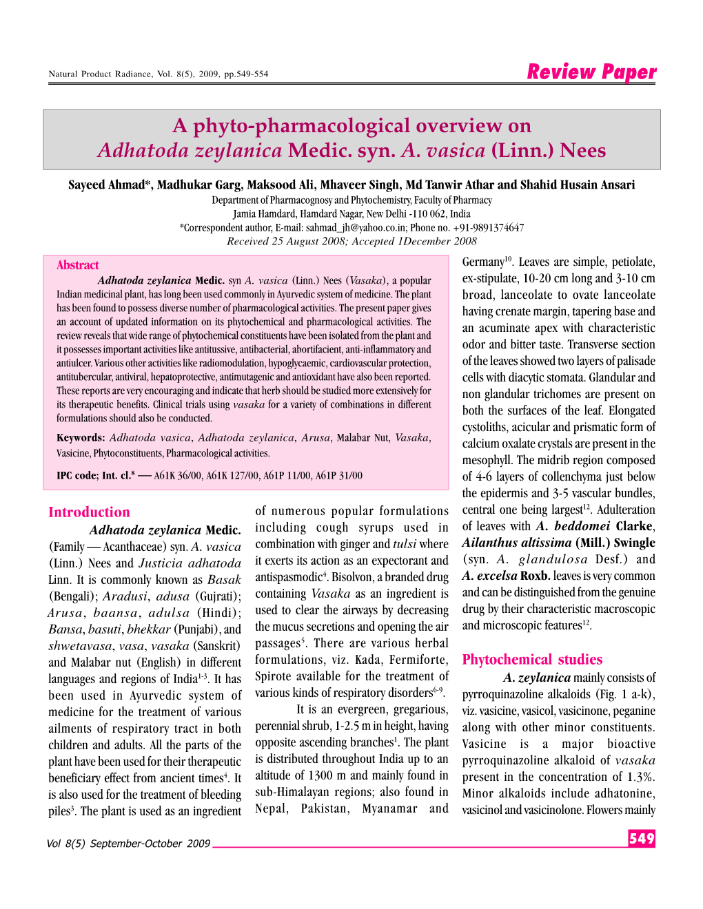 A Phyto-Pharmacological Overview on Adhatoda Vasica