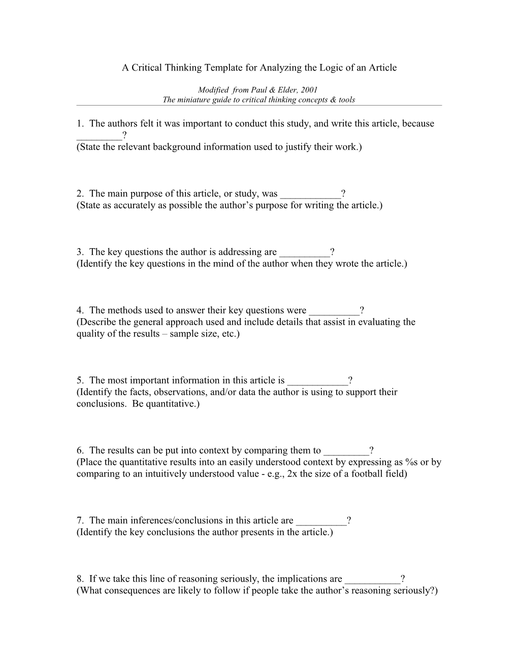 A Critical Thinking Template for Analyzing the Logic of an Article